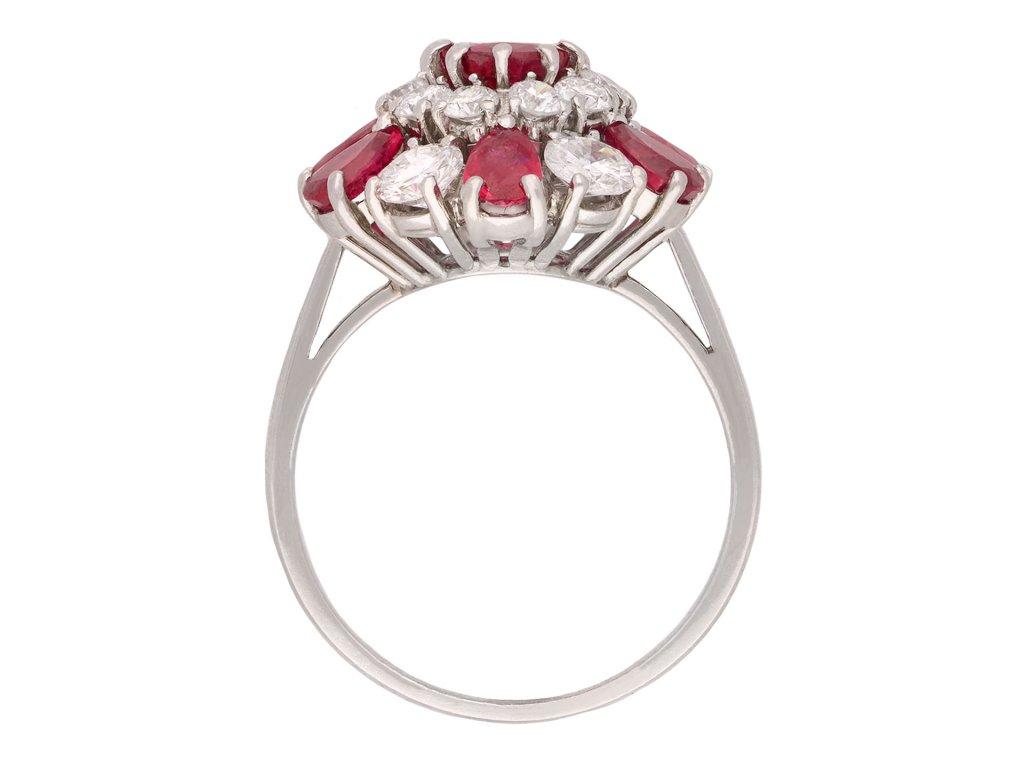 Oval Cut Vintage Burmese Ruby and Diamond Cluster Ring, circa 1970 For Sale