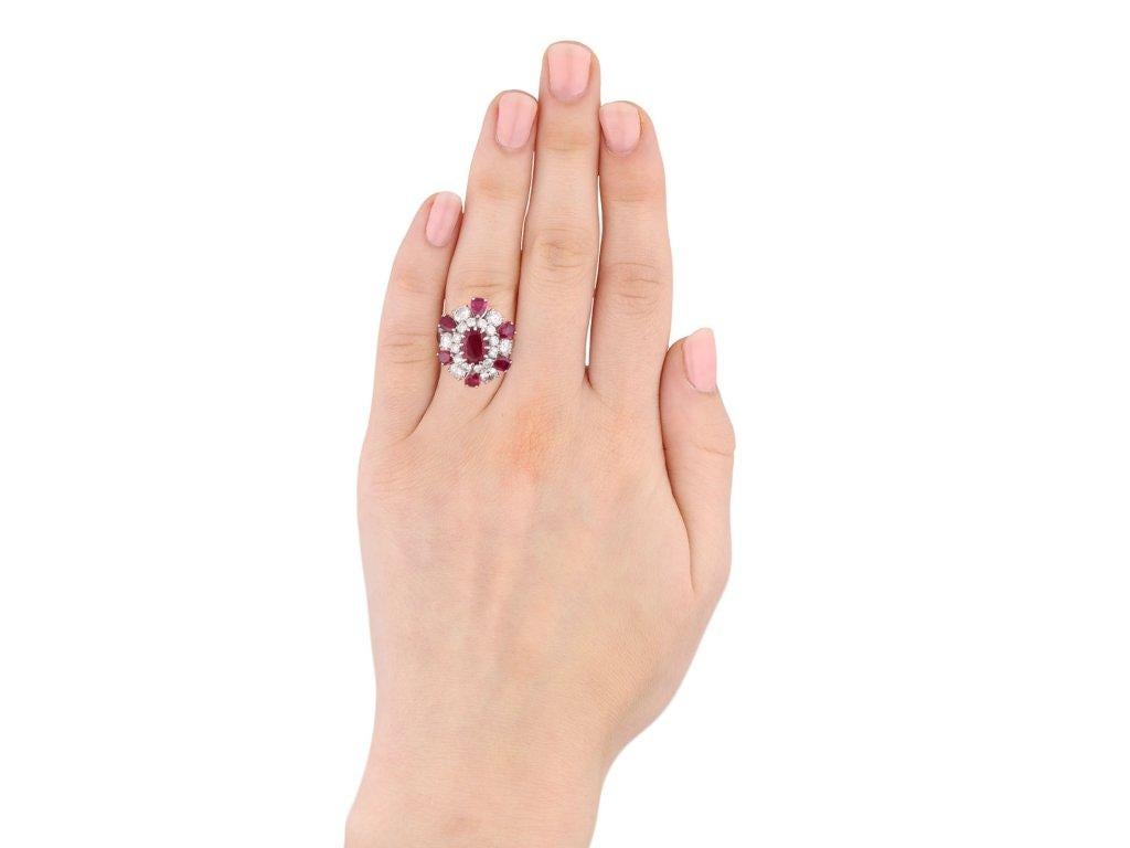Women's Vintage Burmese Ruby and Diamond Cluster Ring, circa 1970 For Sale
