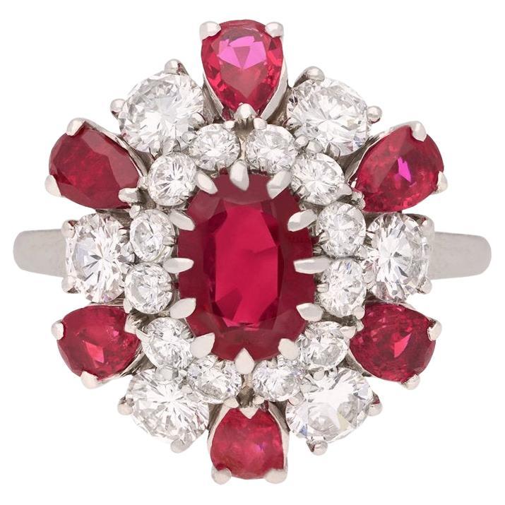 Vintage Burmese Ruby and Diamond Cluster Ring, circa 1970 For Sale