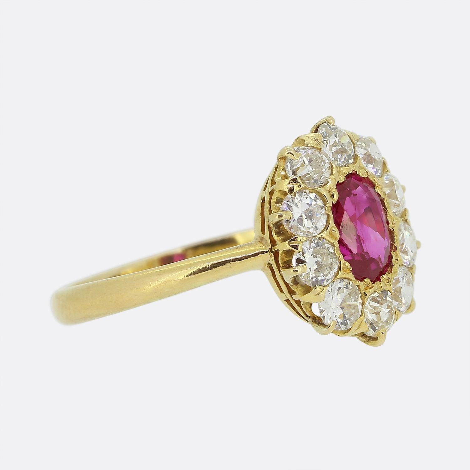 Oval Cut Vintage Burmese Ruby and Diamond Cluster Ring For Sale