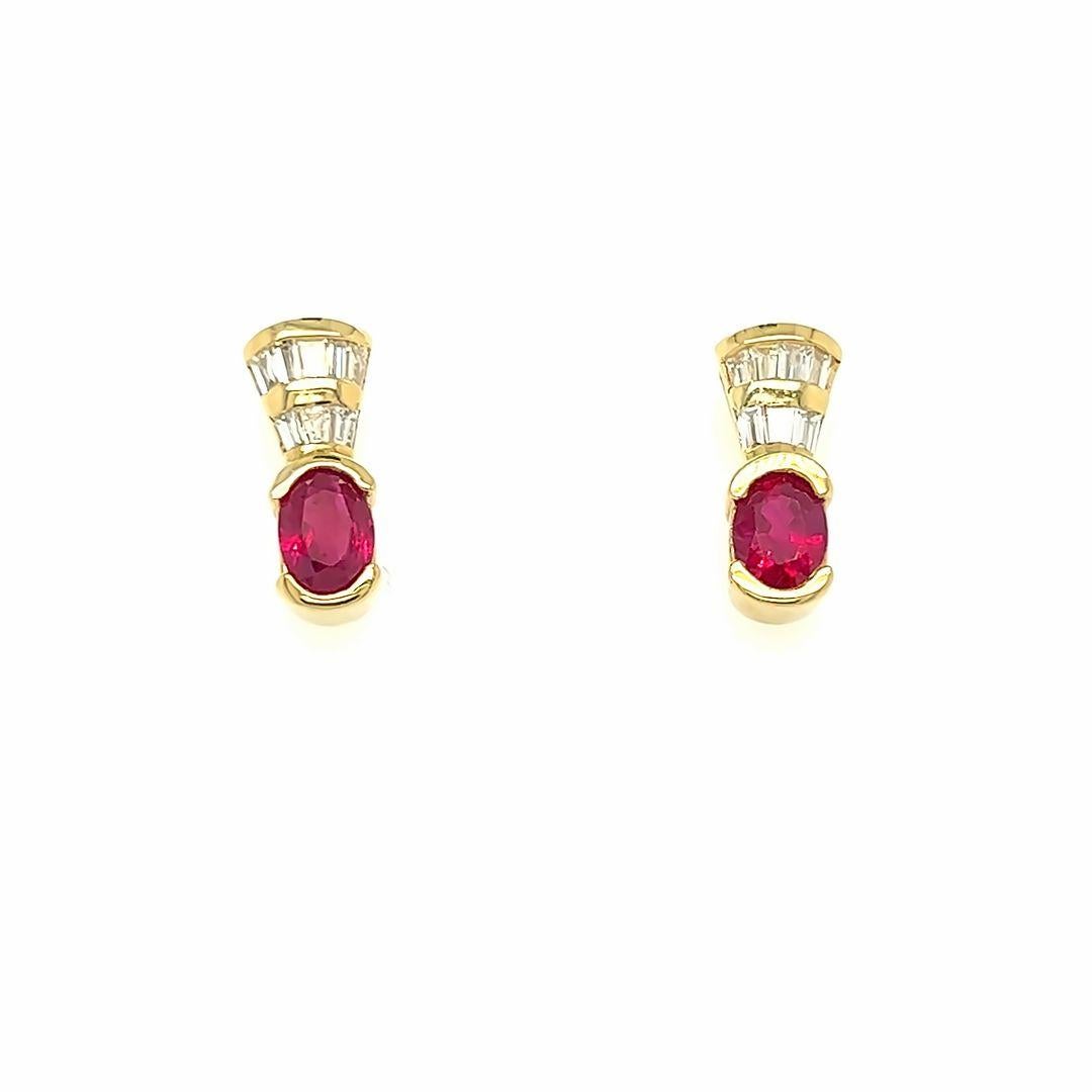 Retro Vintage Burmese Ruby and Diamond Earrings in 14k Yellow Gold For Sale