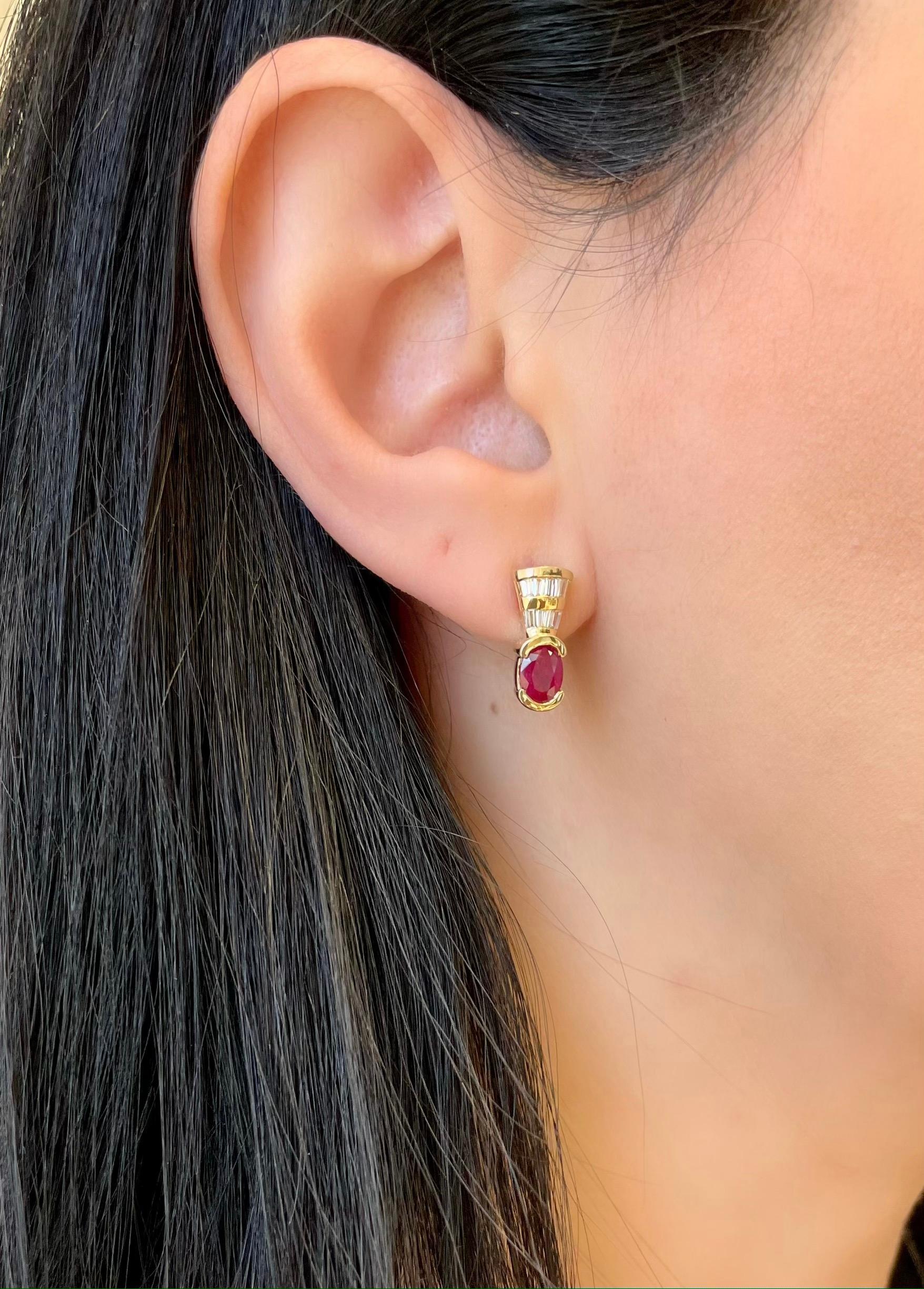 Women's Vintage Burmese Ruby and Diamond Earrings in 14k Yellow Gold For Sale