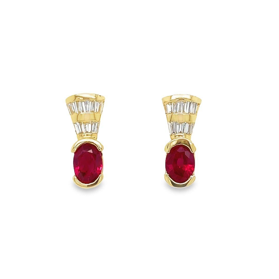 Oval Cut Vintage Burmese Ruby and Diamond Earrings in 14k Yellow Gold For Sale