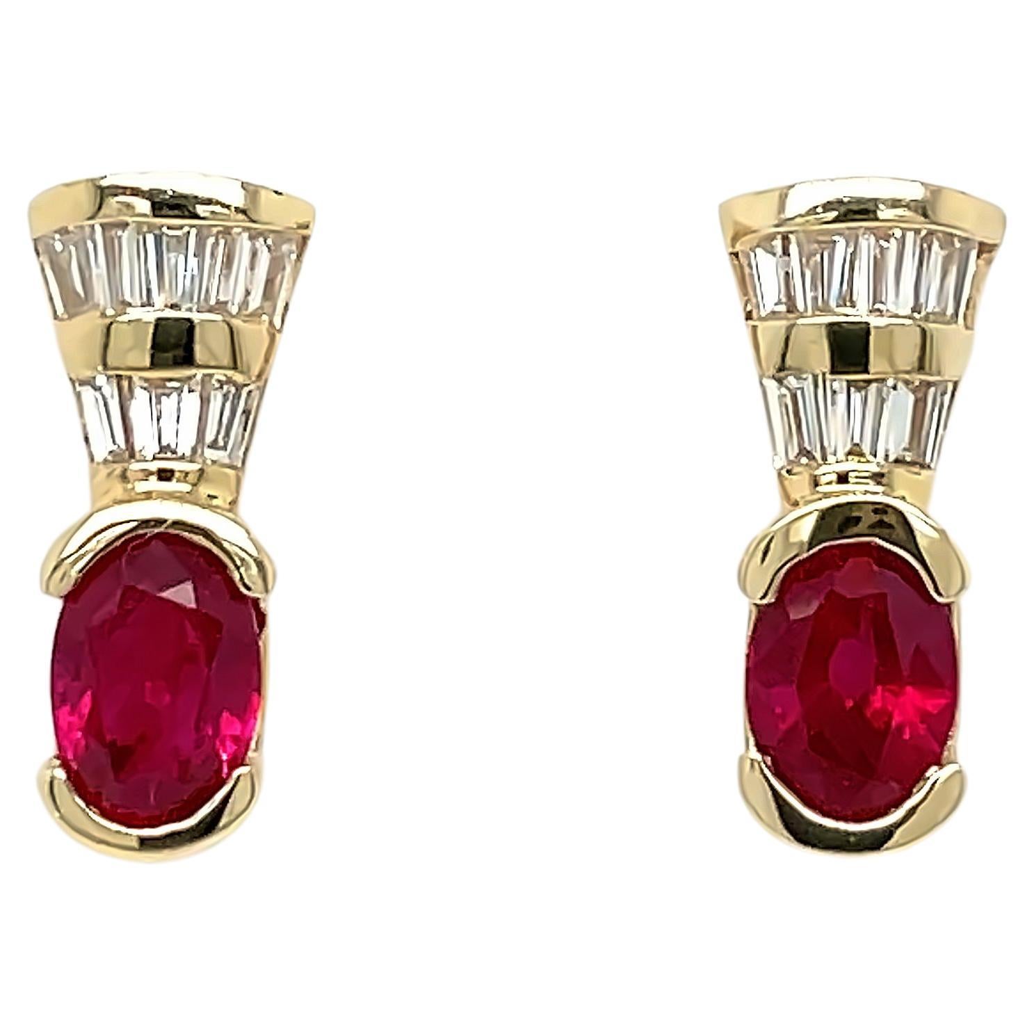 Vintage Burmese Ruby and Diamond Earrings in 14k Yellow Gold For Sale