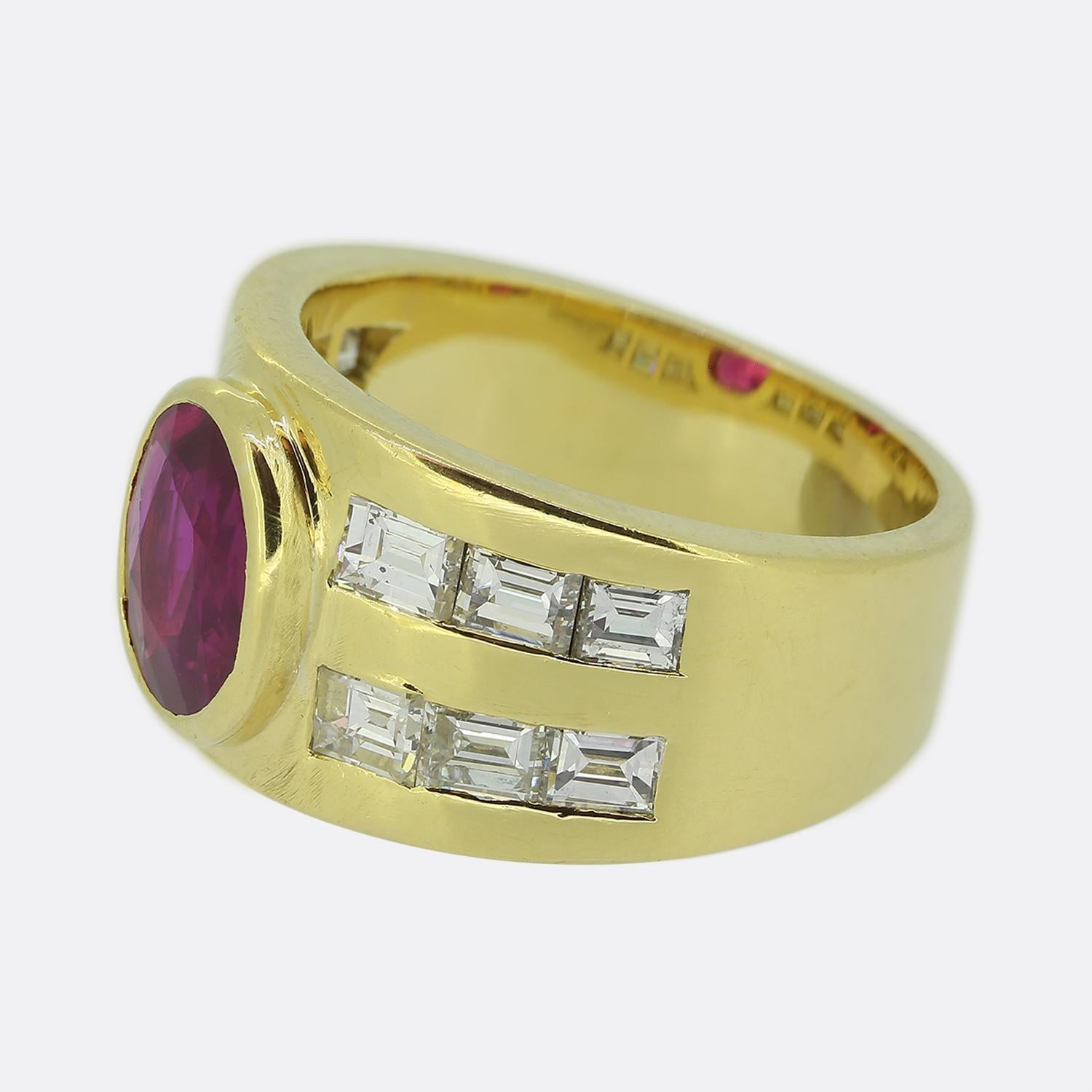 This is a wonderful vintage ruby and diamond Ring. The focal point of the ring is a 1.50 carat ruby, origin is Burma and it shows no indication of heat treatment. The ruby is a rich red colour with a slight pink undertone. The ring has been