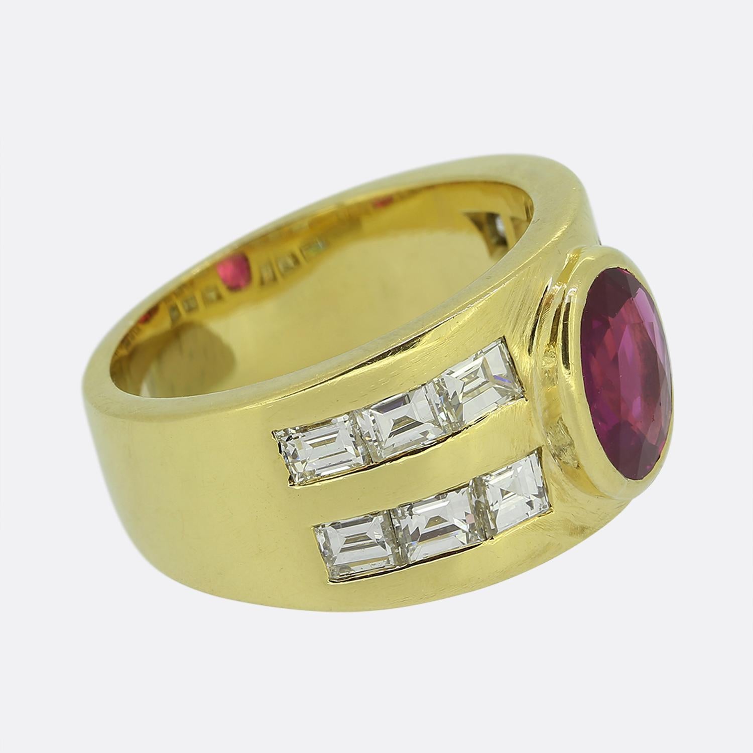 Oval Cut Vintage Burmese Ruby and Diamond Ring For Sale