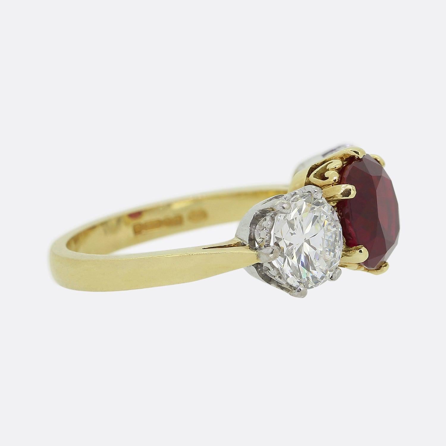 Antique Cushion Cut Vintage Burmese Ruby and Diamond Three-Stone Ring For Sale