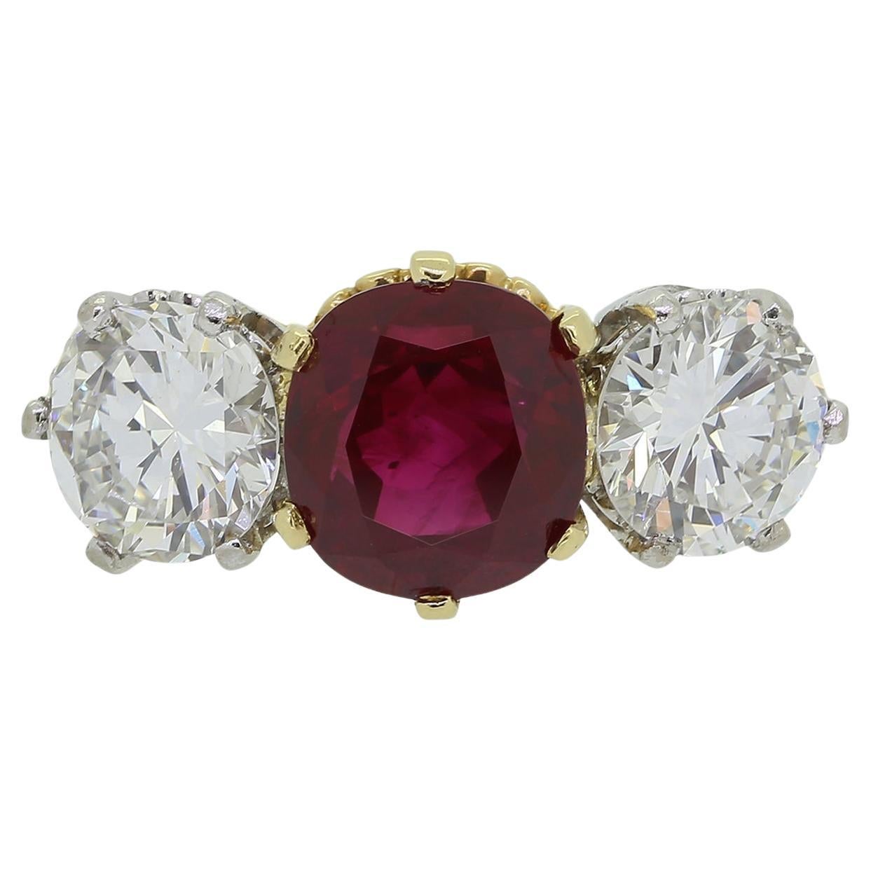 Vintage Burmese Ruby and Diamond Three-Stone Ring For Sale