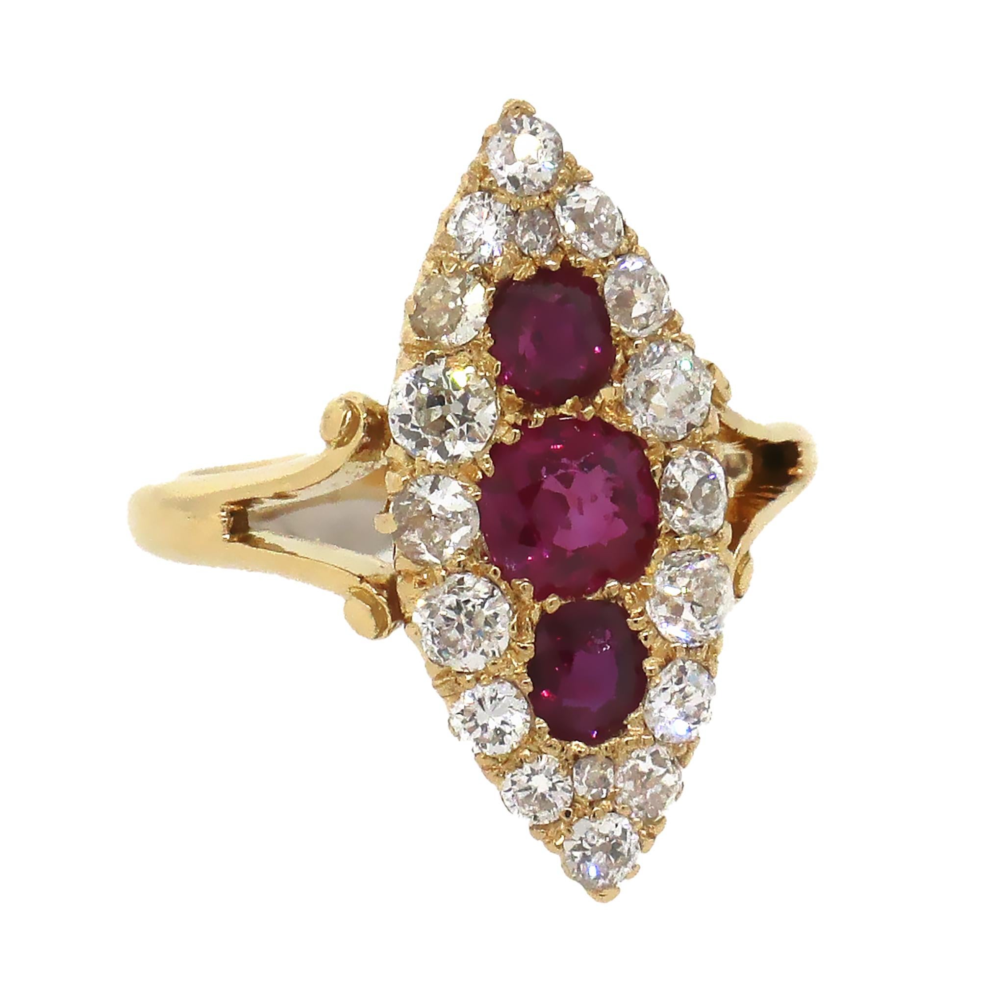 18 Diamonds total 1.20 ct
3 Burmese Rubies is 0.90 ctw
18 kt Yellow Gold
Length is 20mm
Width is 10mm
Ring Size 6
Total Weight: 4.34 grams