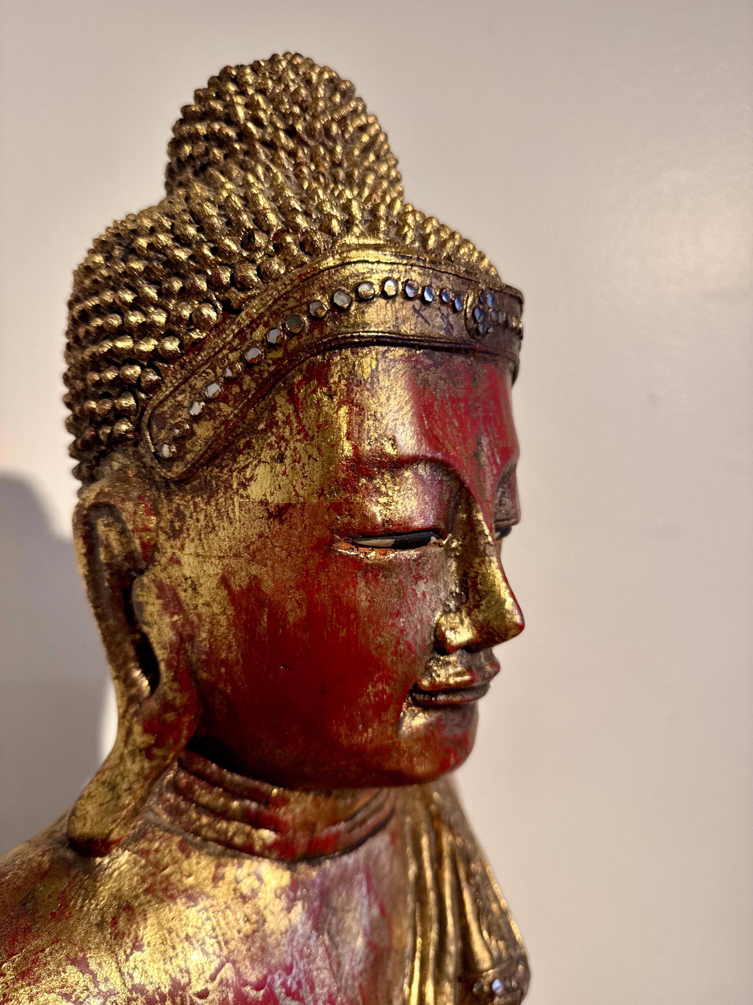 Vintage Burmese Seated Buddha, Carve and Gilt Wood,  1970's, Burma For Sale 6