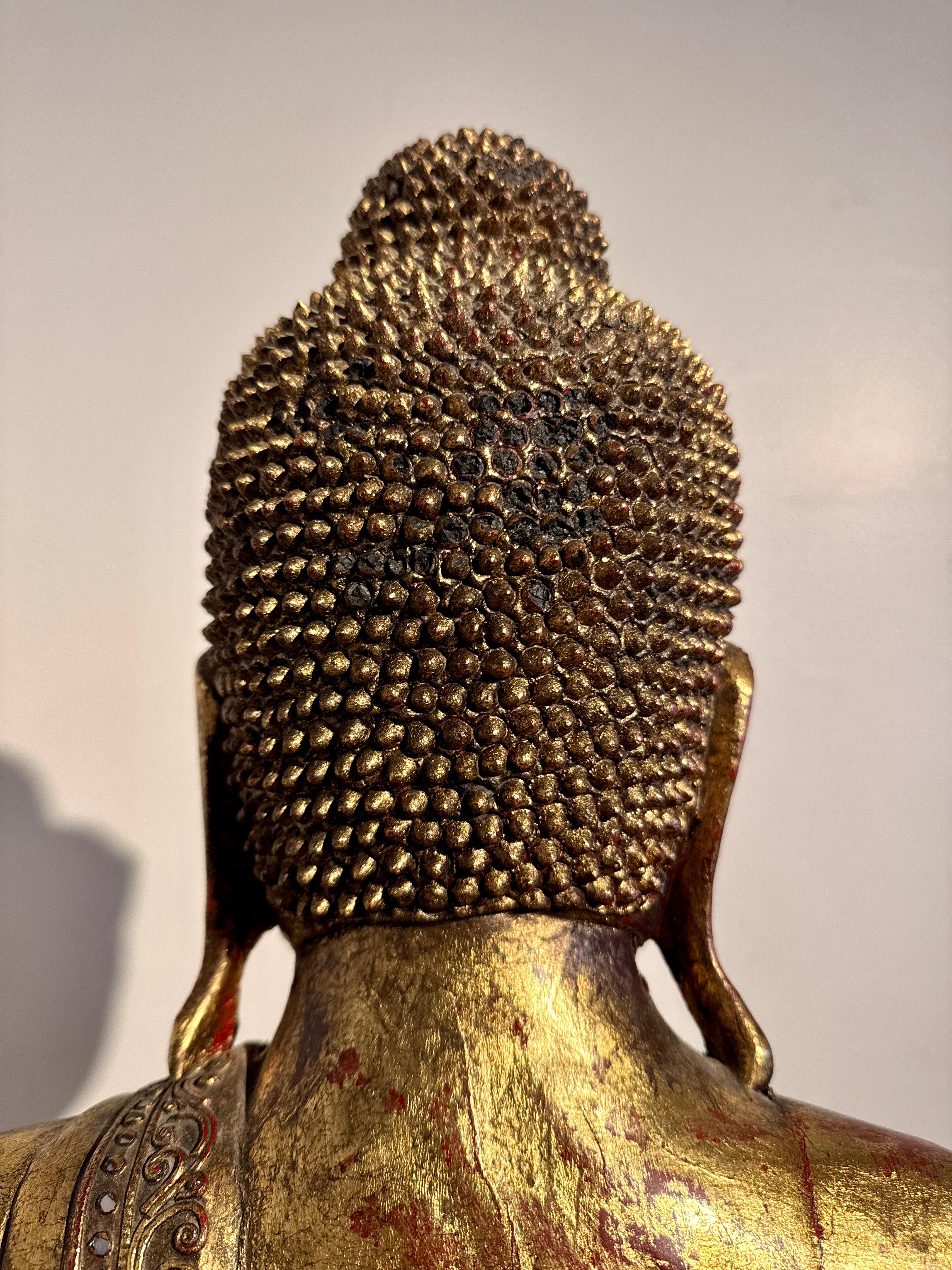 Vintage Burmese Seated Buddha, Carve and Gilt Wood,  1970's, Burma For Sale 7