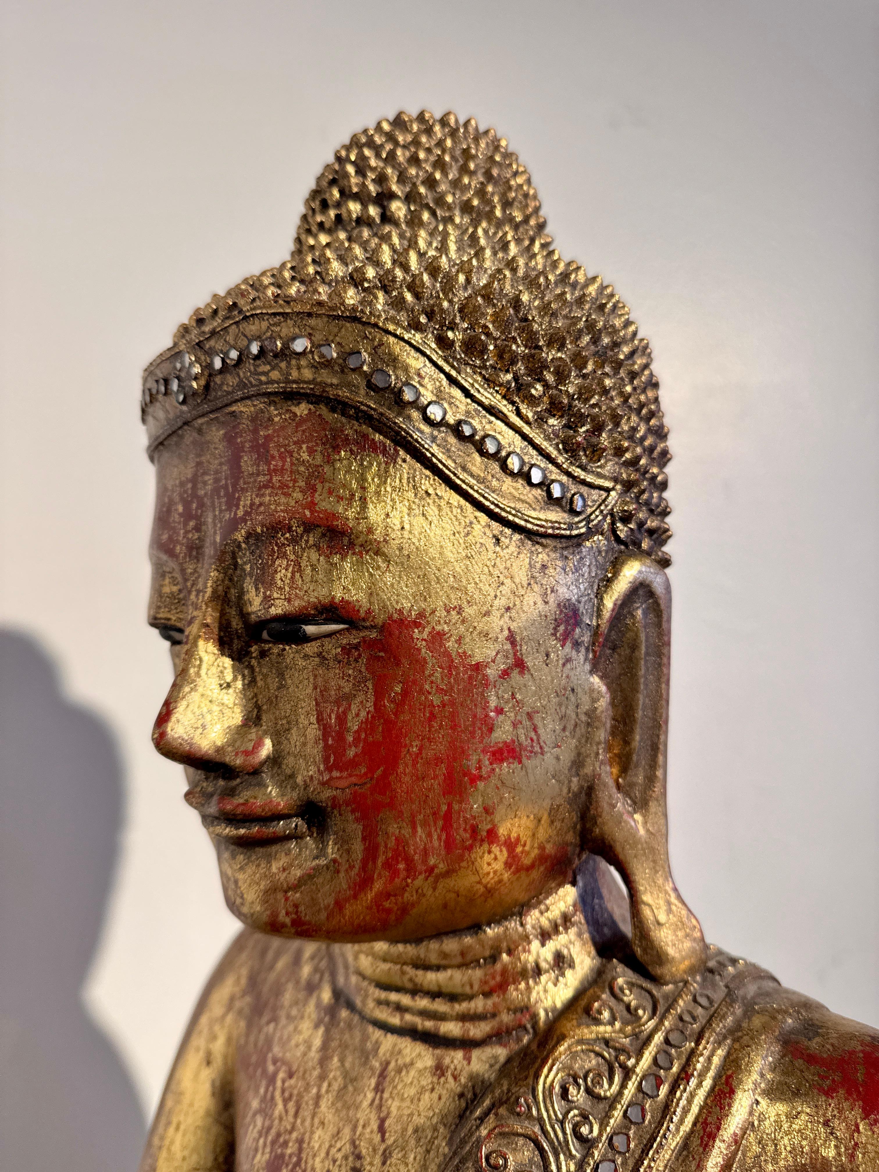Vintage Burmese Seated Buddha, Carve and Gilt Wood,  1970's, Burma For Sale 9