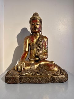 Vintage Burmese Seated Buddha, Carve and Gilt Wood,  1970's, Burma