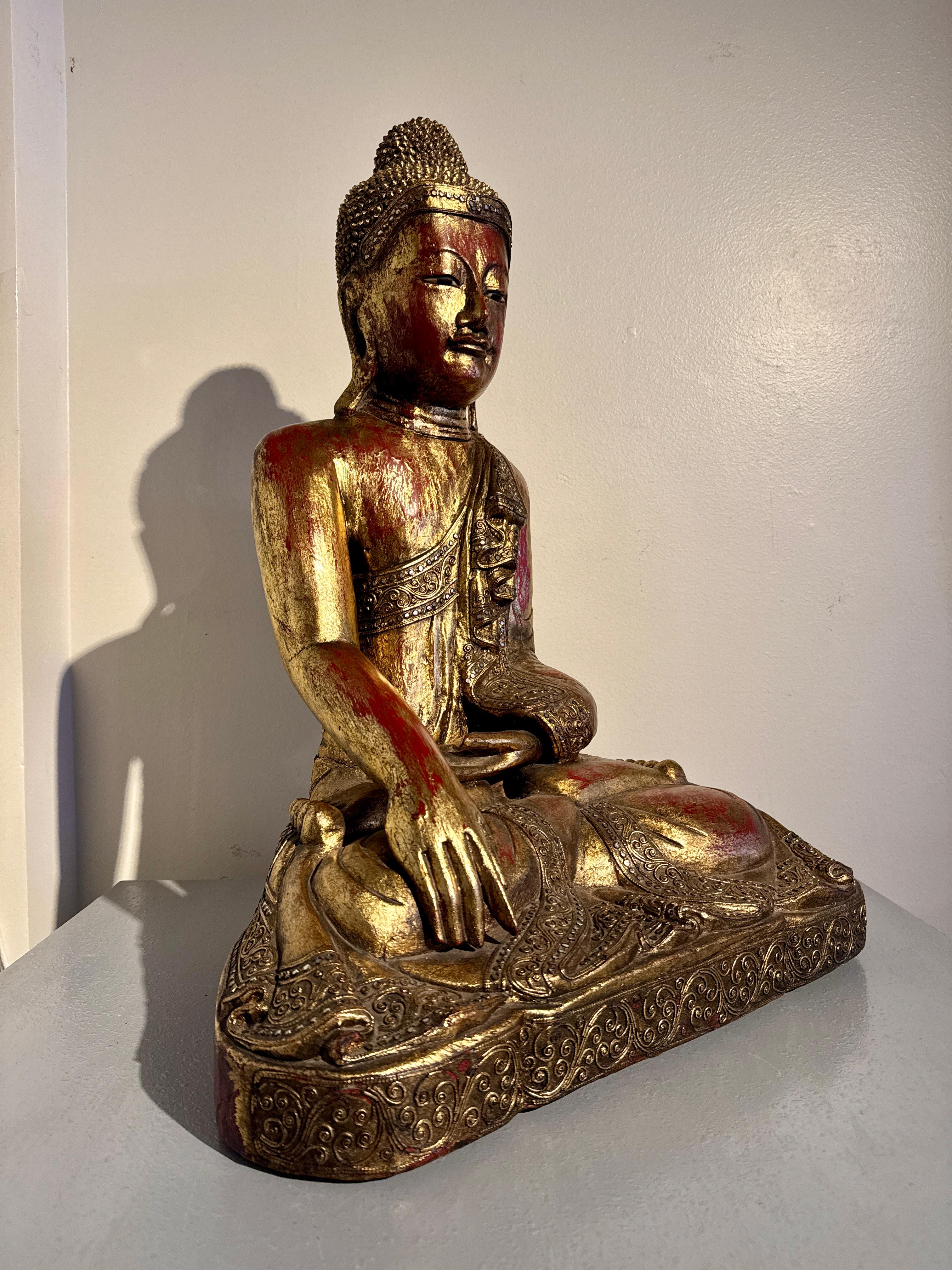 Carved Vintage Burmese Seated Buddha, Carve and Gilt Wood,  1970's, Burma For Sale
