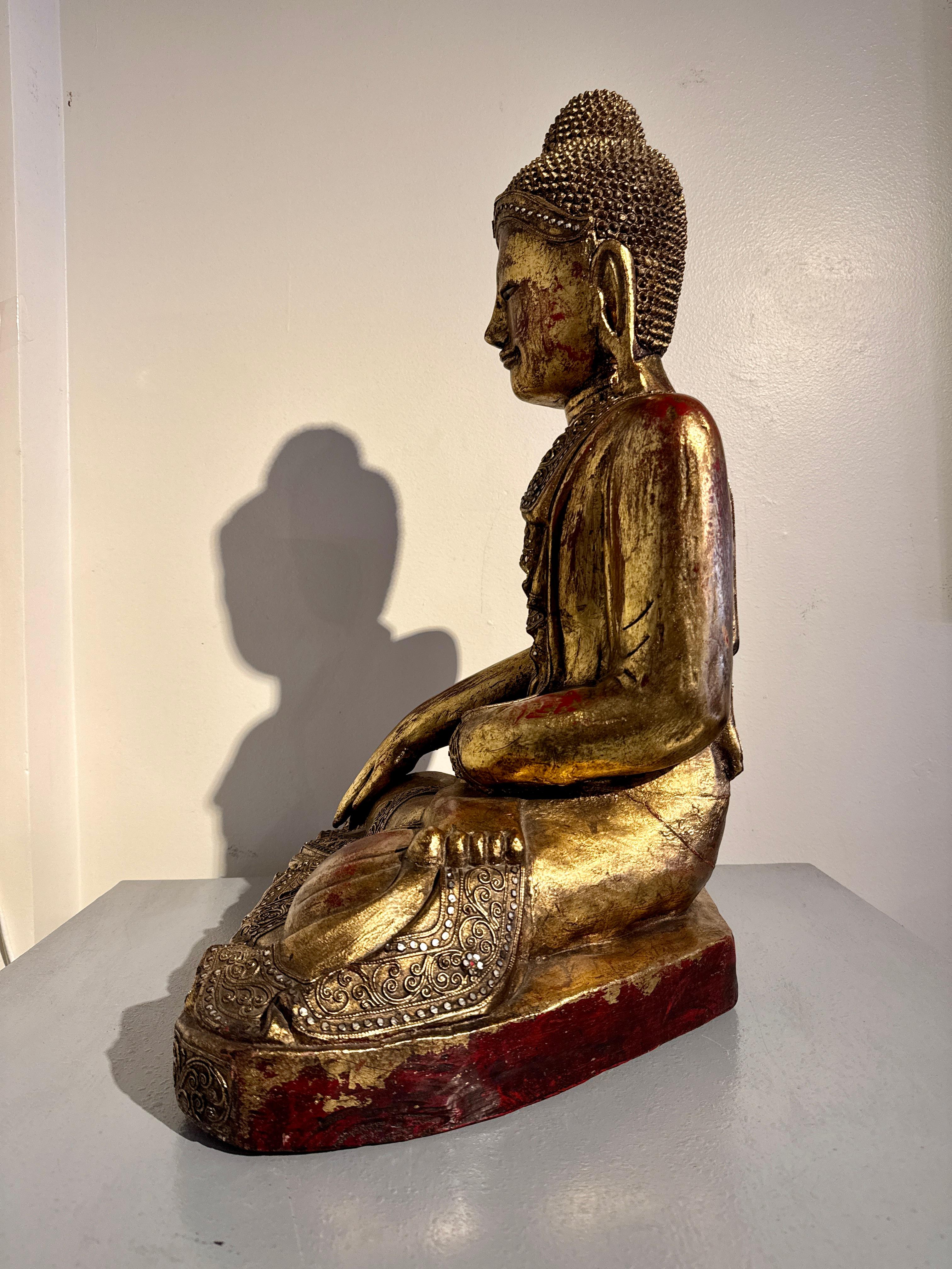 Glass Vintage Burmese Seated Buddha, Carve and Gilt Wood,  1970's, Burma For Sale