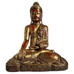 Buddha seduto birmano d'epoca, legno intagliato e dorato,  Anni '70, Birmania