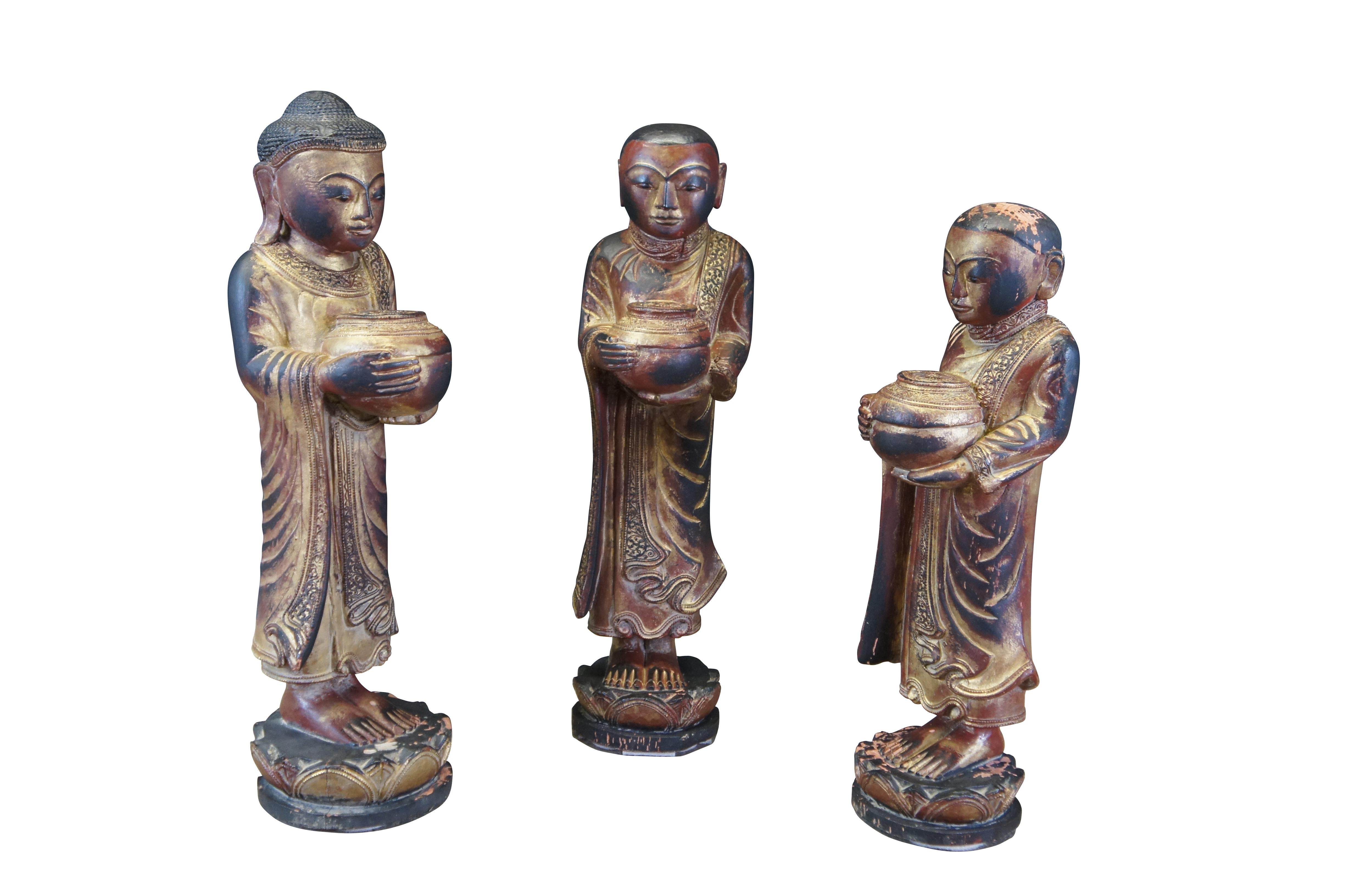 Vintage Burmese Thai Carved Gilded Figural Buddha Monk Statues 25