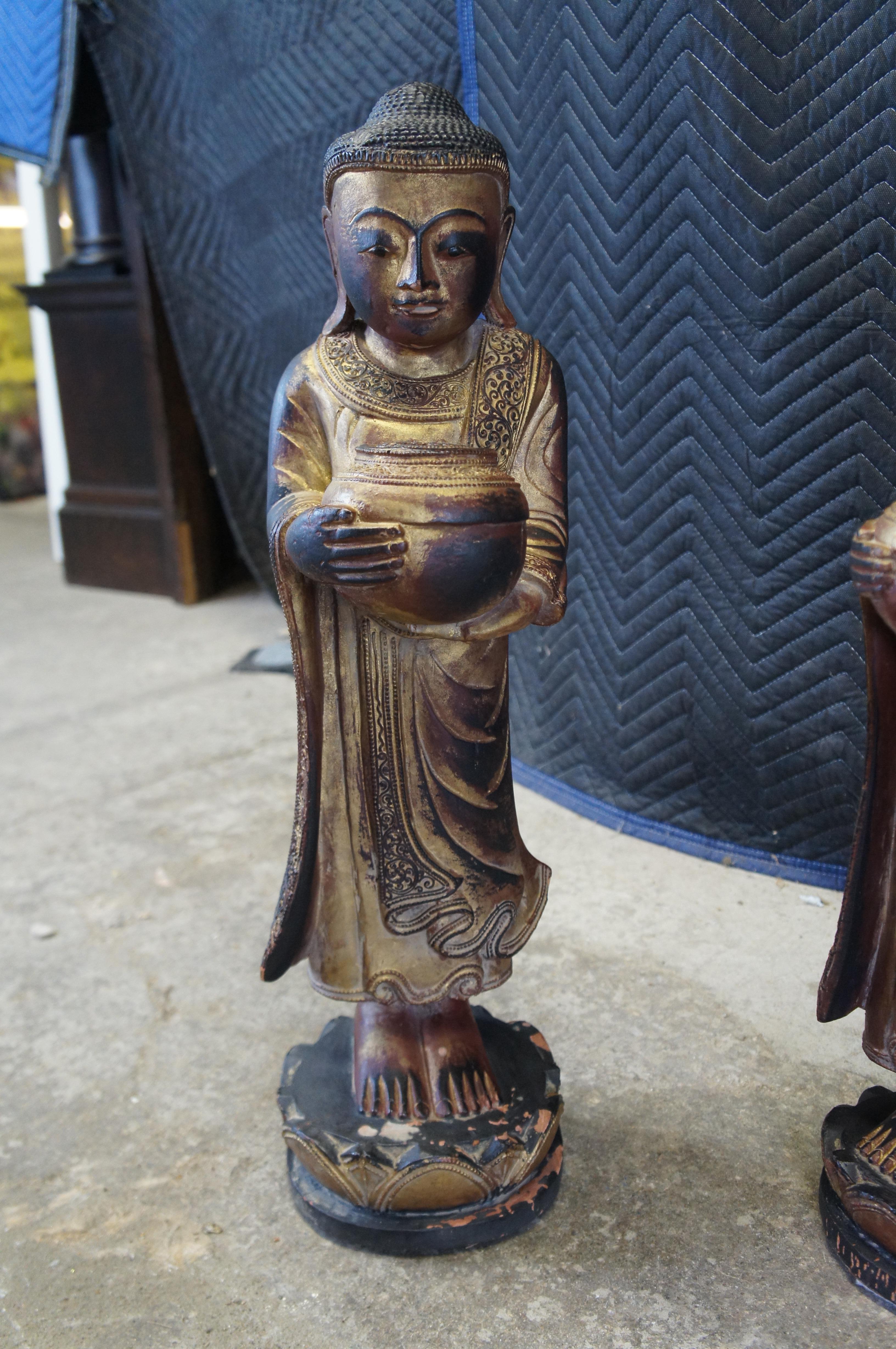 20th Century Vintage Burmese Thai Carved Gilded Figural Buddha Monk Statues 25