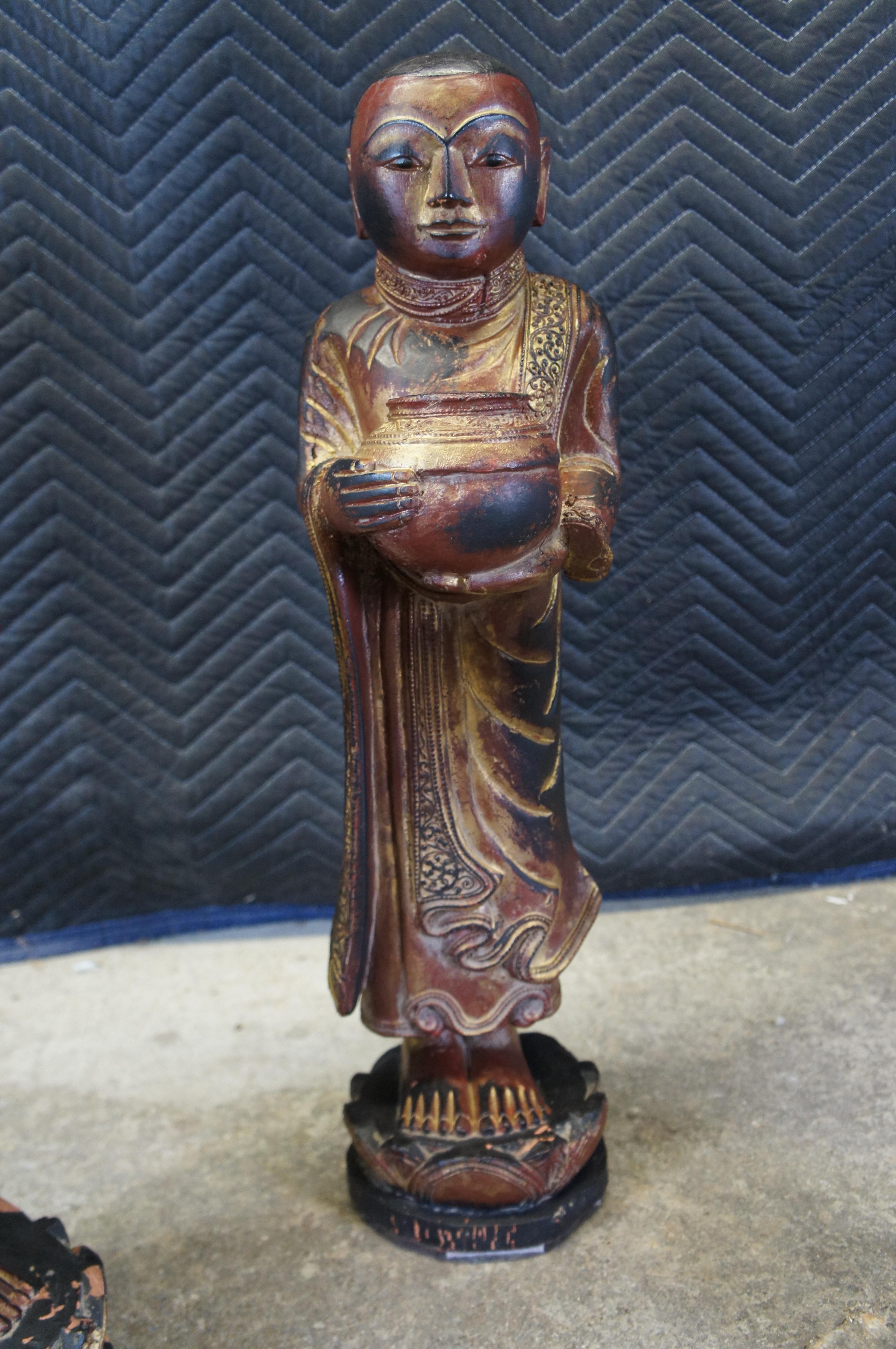 Hardwood Vintage Burmese Thai Carved Gilded Figural Buddha Monk Statues 25