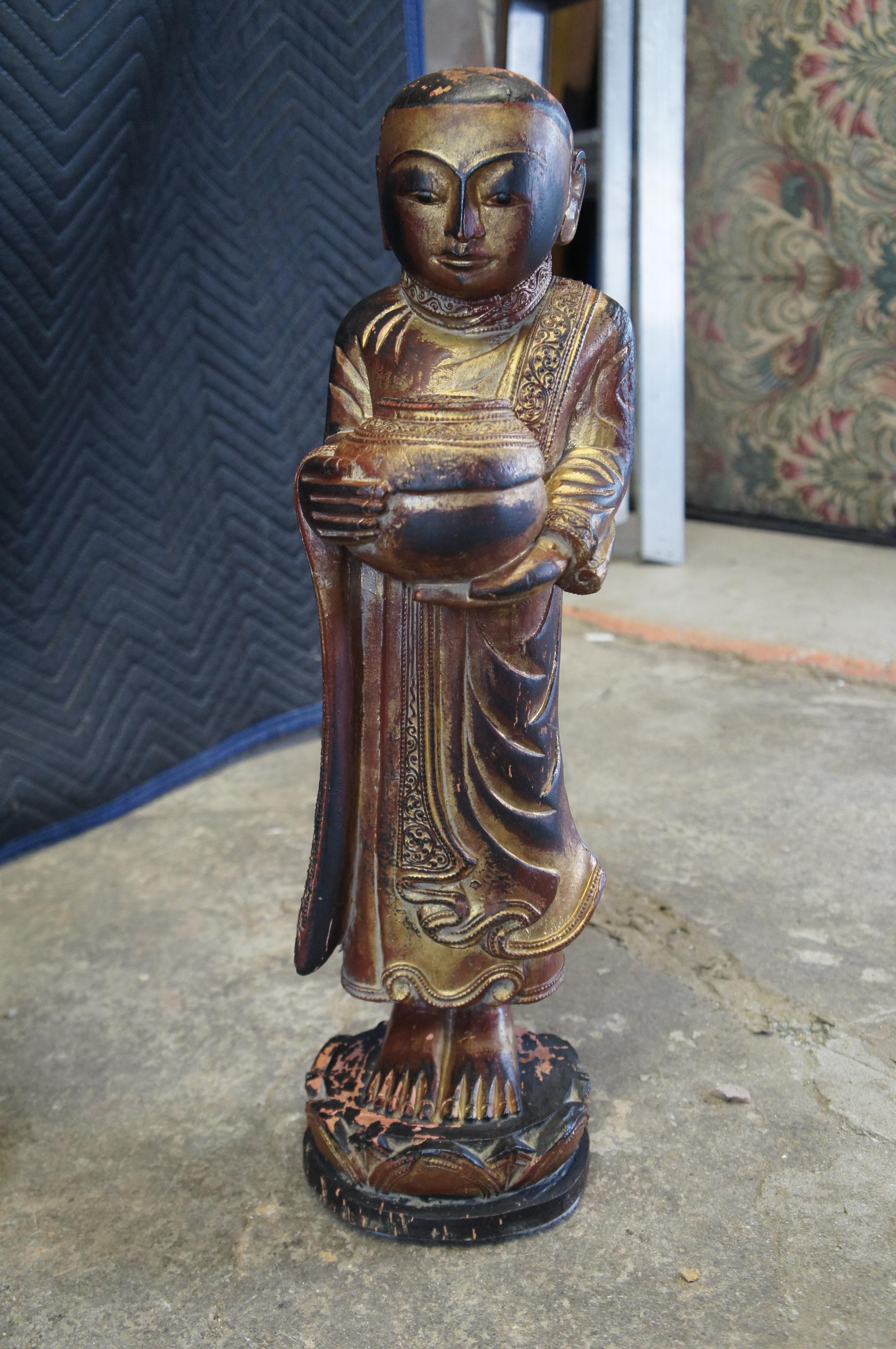 Vintage Burmese Thai Carved Gilded Figural Buddha Monk Statues 25