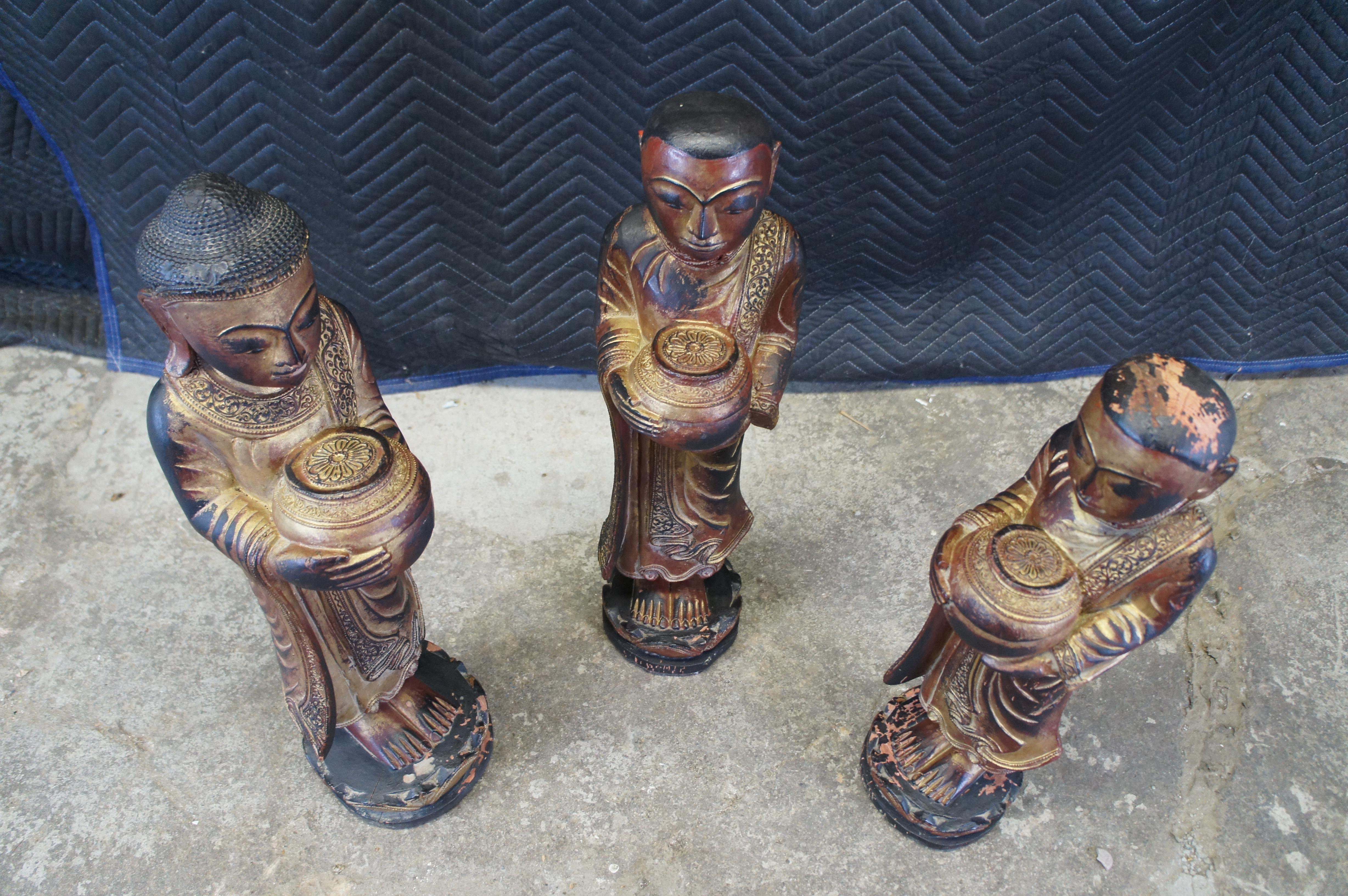 Vintage Burmese Thai Carved Gilded Figural Buddha Monk Statues 25