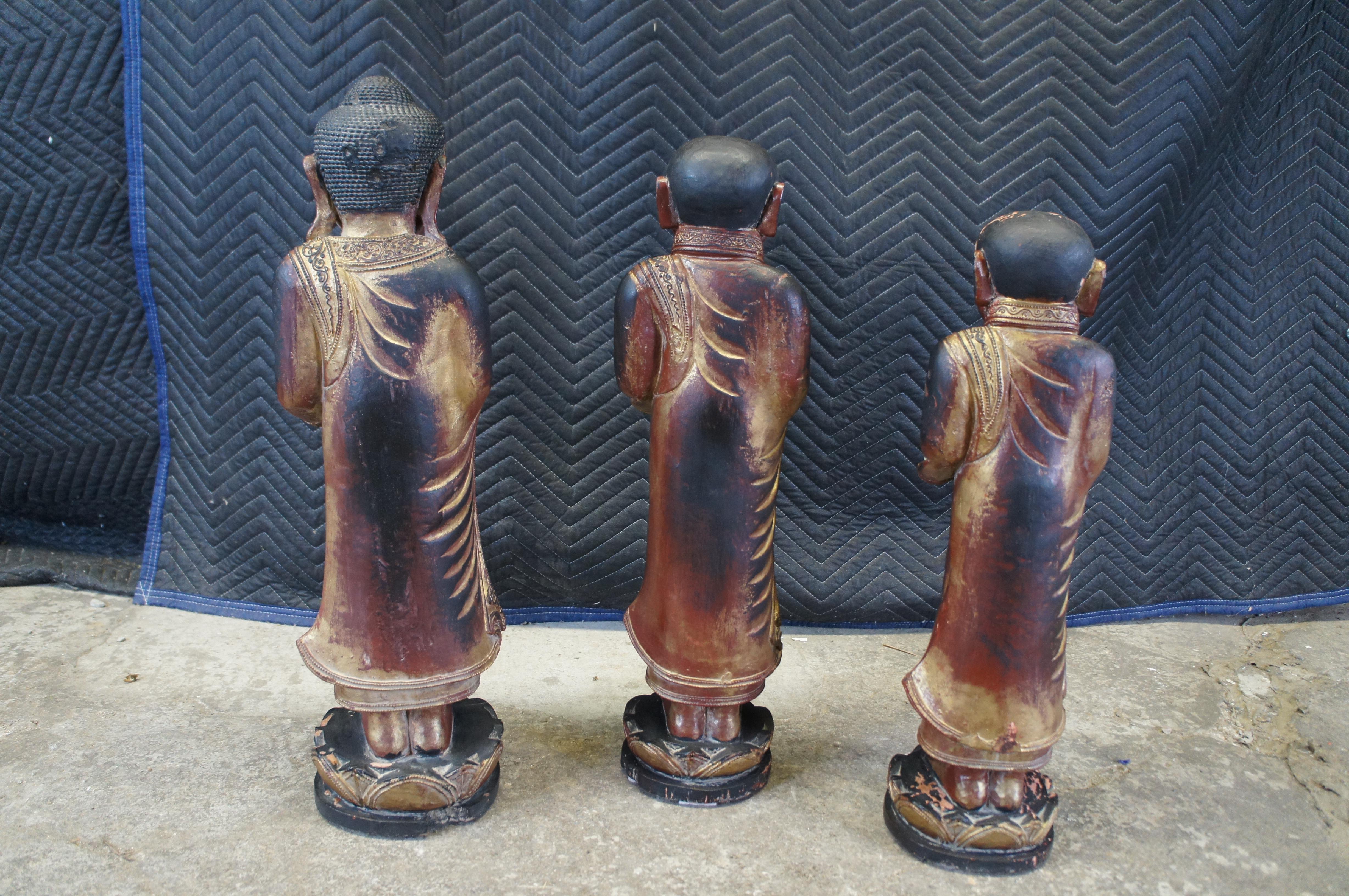 Vintage Burmese Thai Carved Gilded Figural Buddha Monk Statues 25