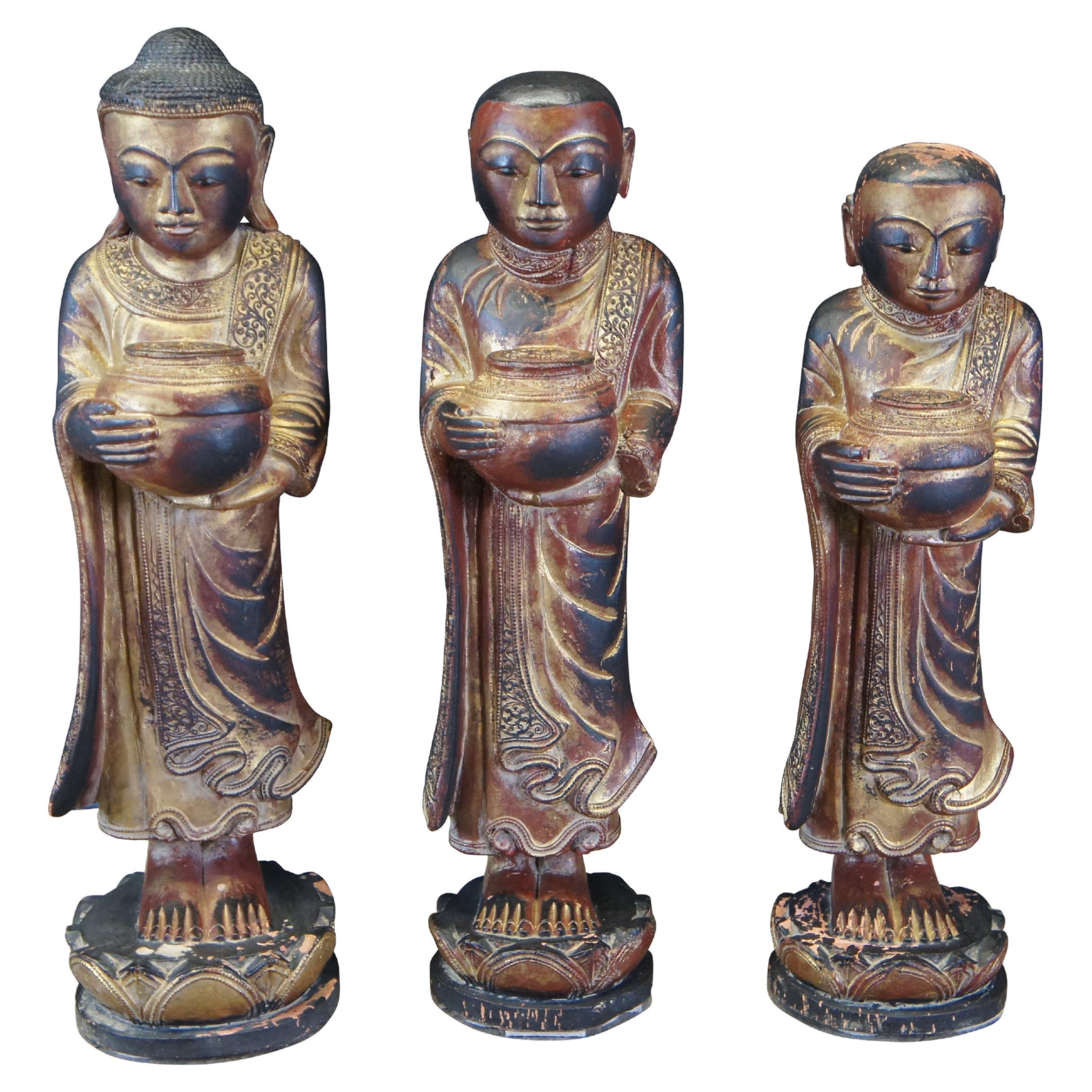 Vintage burmesische thailändische geschnitzte vergoldete figurale Buddha-Monk-Statues, 25"