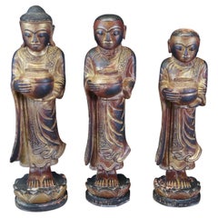 Vintage Burmese Thai Carved Gilded Figural Buddha Monk Statues 25"