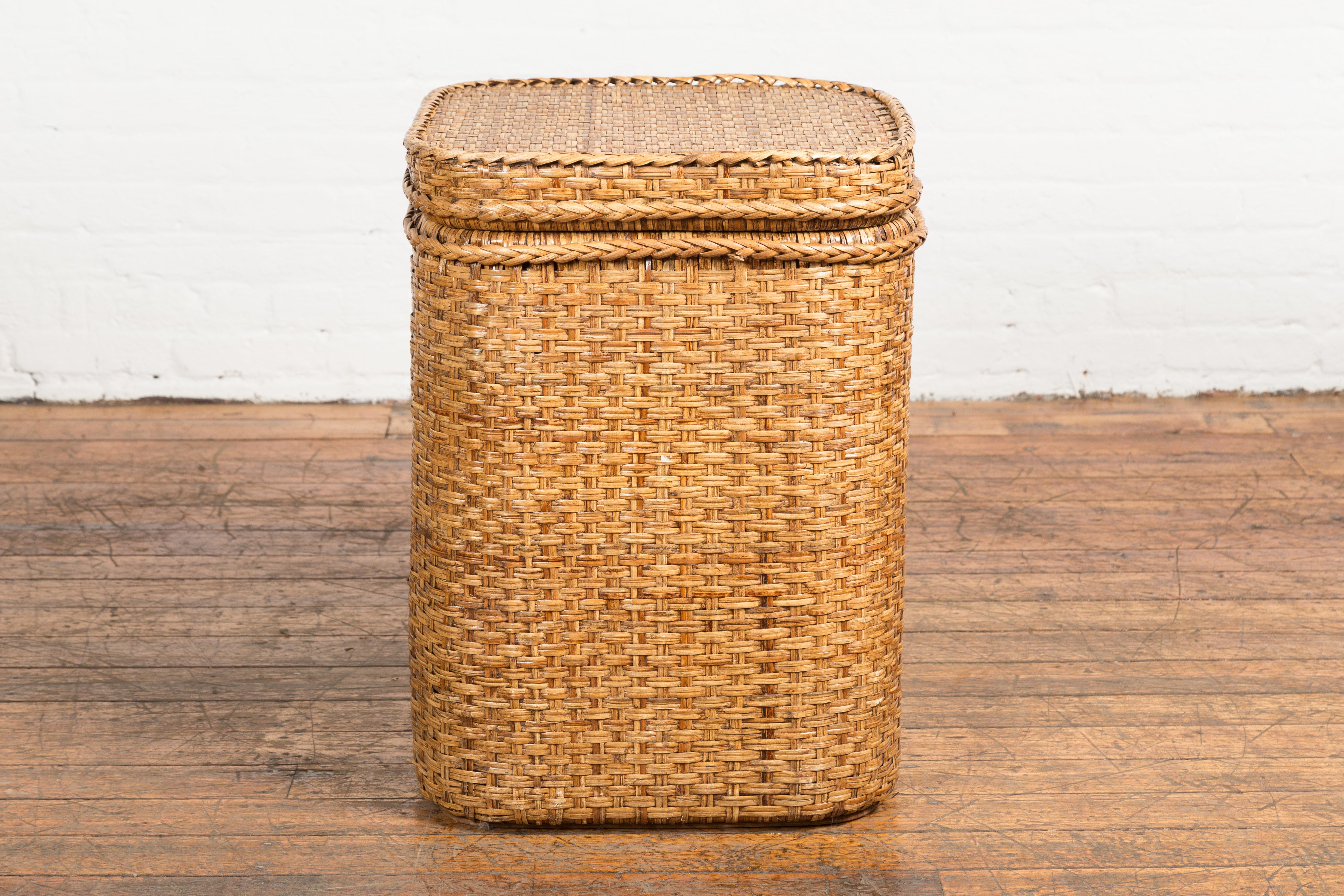 Vintage Burmese Woven Rattan and Wood Lidded Basket or Storage Container For Sale 9