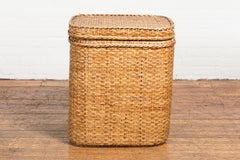 Vintage Woven Rattan and Wood Lidded Basket or Storage Container