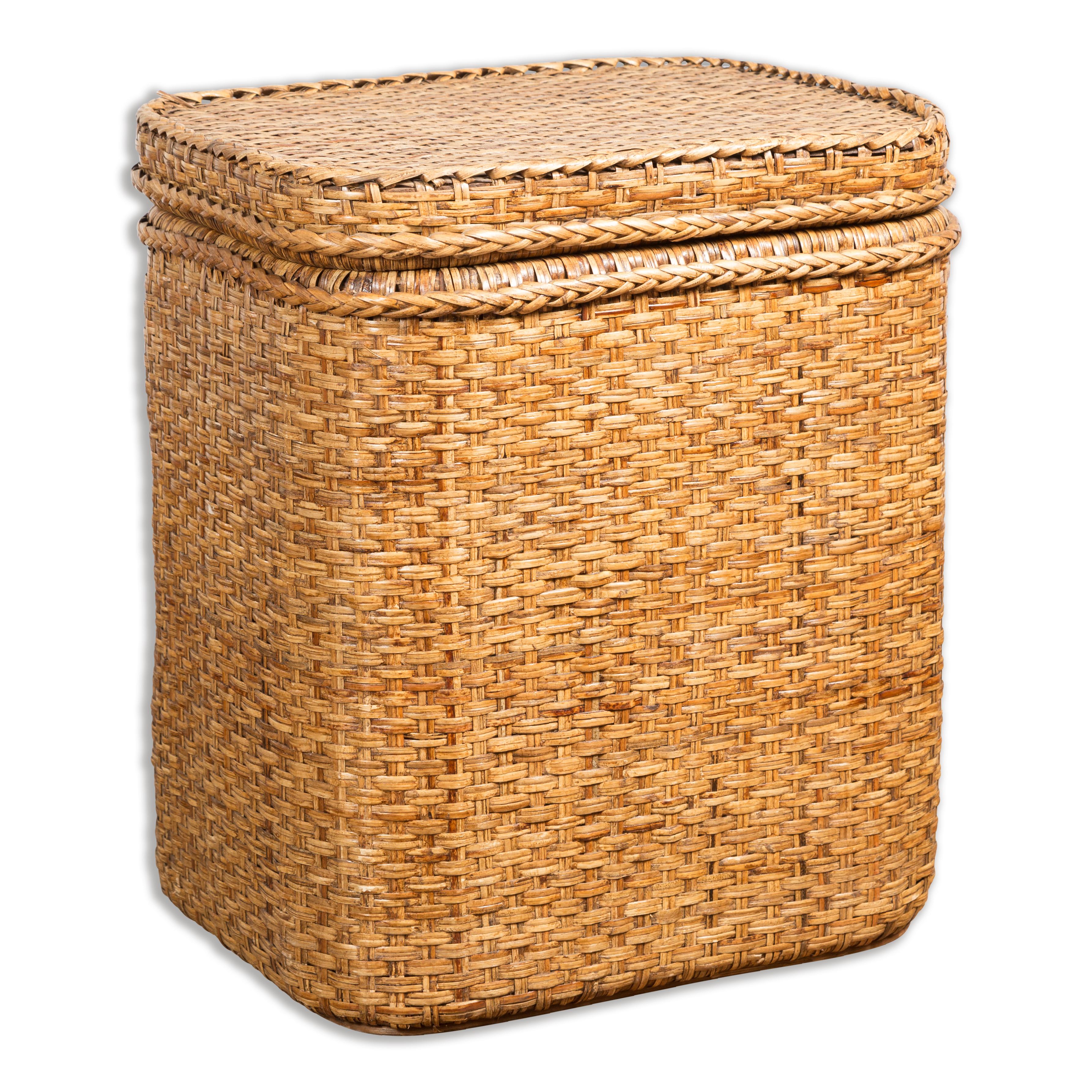 Vintage Burmese Woven Rattan and Wood Lidded Basket or Storage Container For Sale 13
