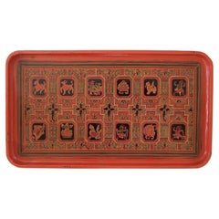 Vintage Burmese Zodiac Yun Lacquer & Bamboo Tray - Myanmar - Mid 20th Century