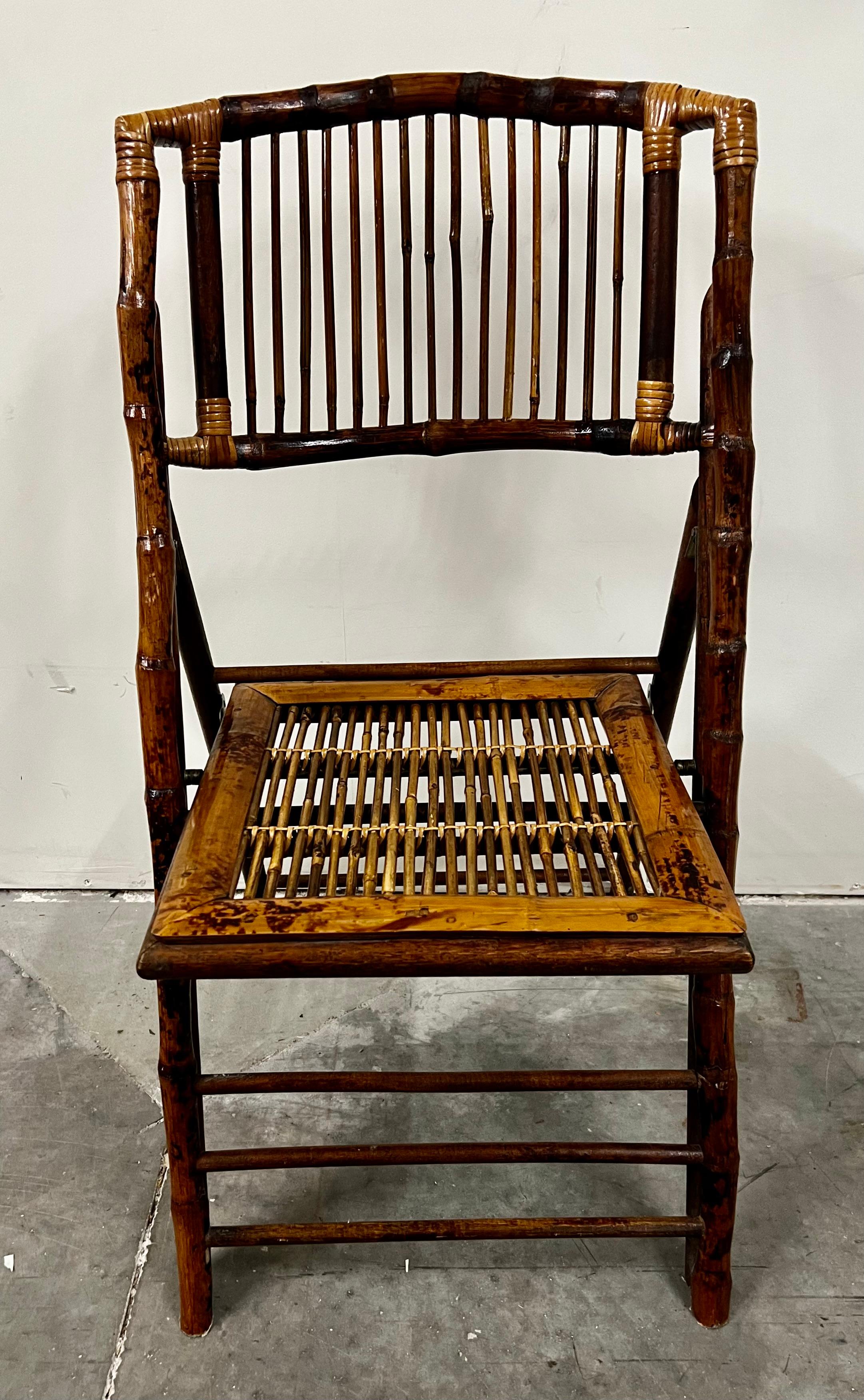 Campaign Vintage Burnt Bamboo and Rattan Folding Side Chair