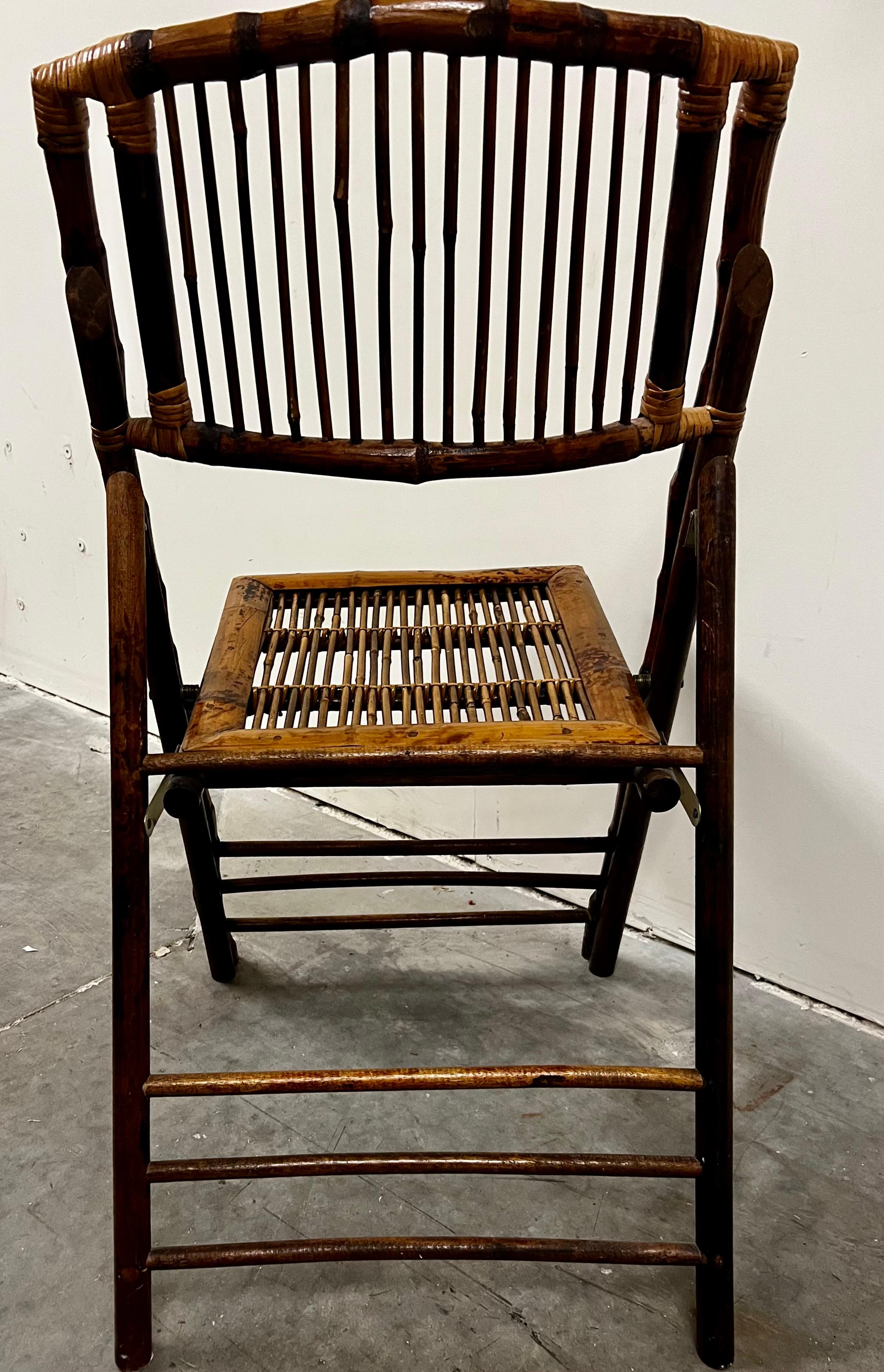 Hand-Crafted Vintage Burnt Bamboo and Rattan Folding Side Chair
