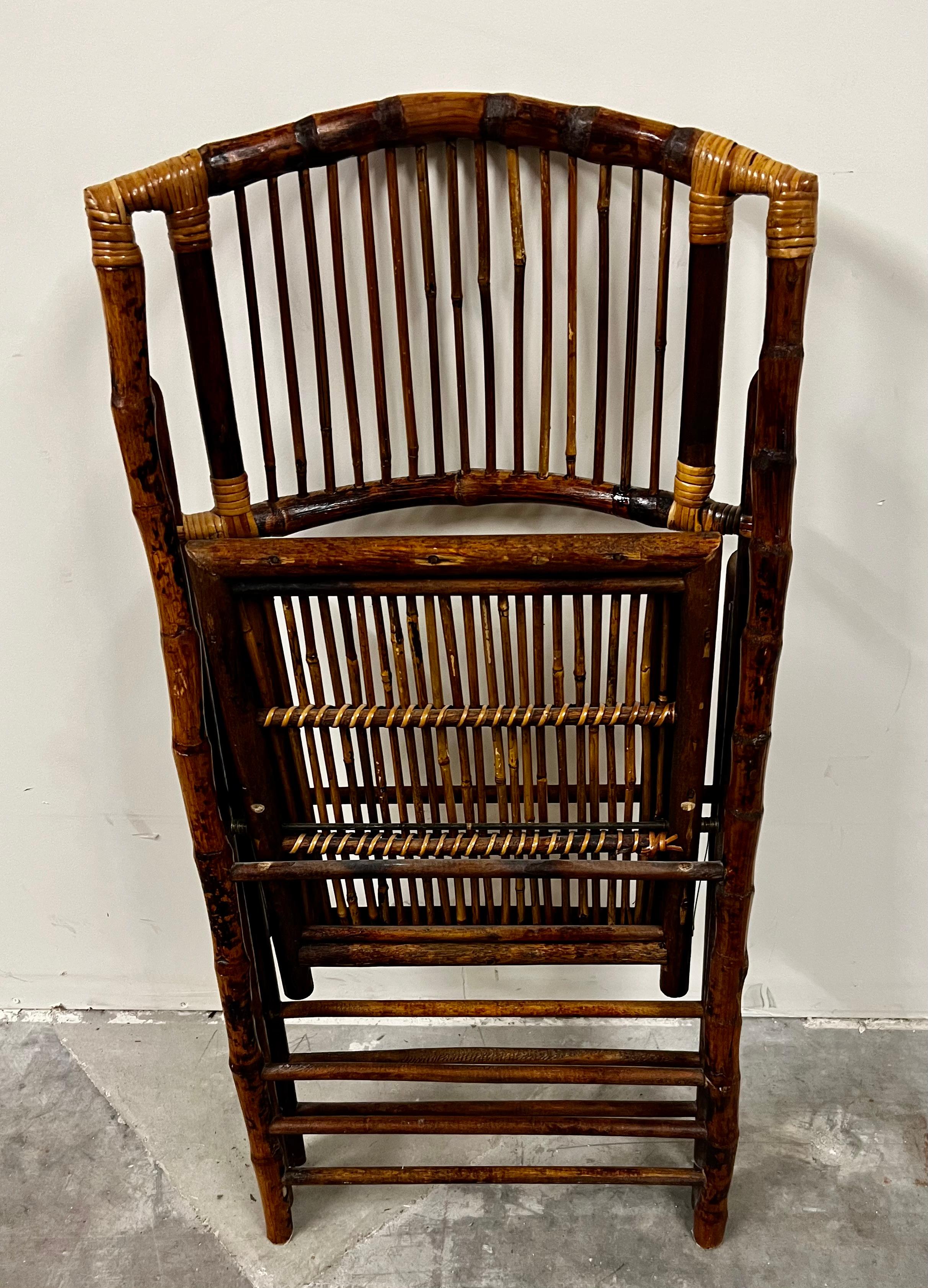 Vintage Burnt Bamboo and Rattan Folding Side Chair In Good Condition In West Palm Beach, FL