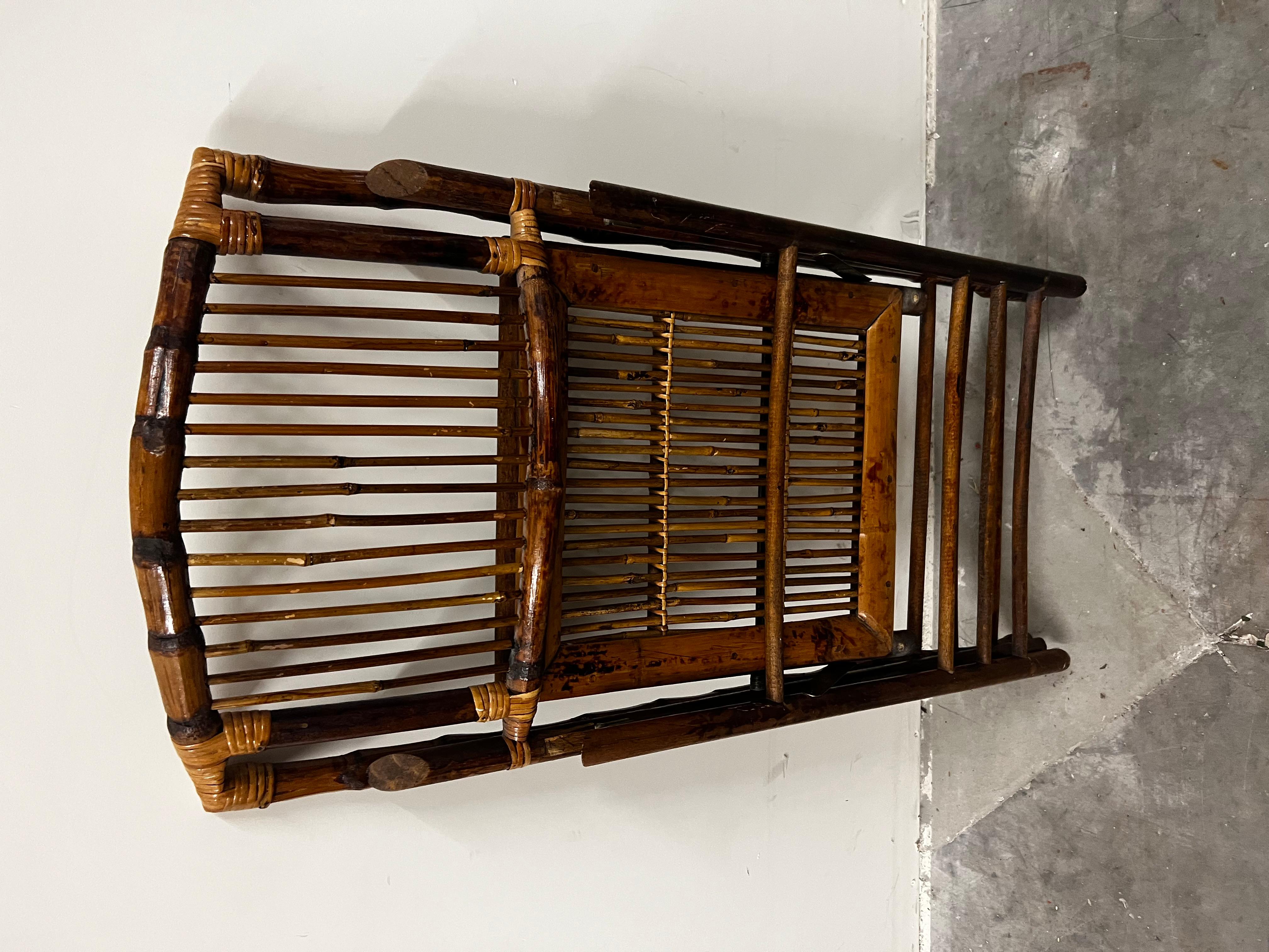 Late 20th Century Vintage Burnt Bamboo and Rattan Folding Side Chair