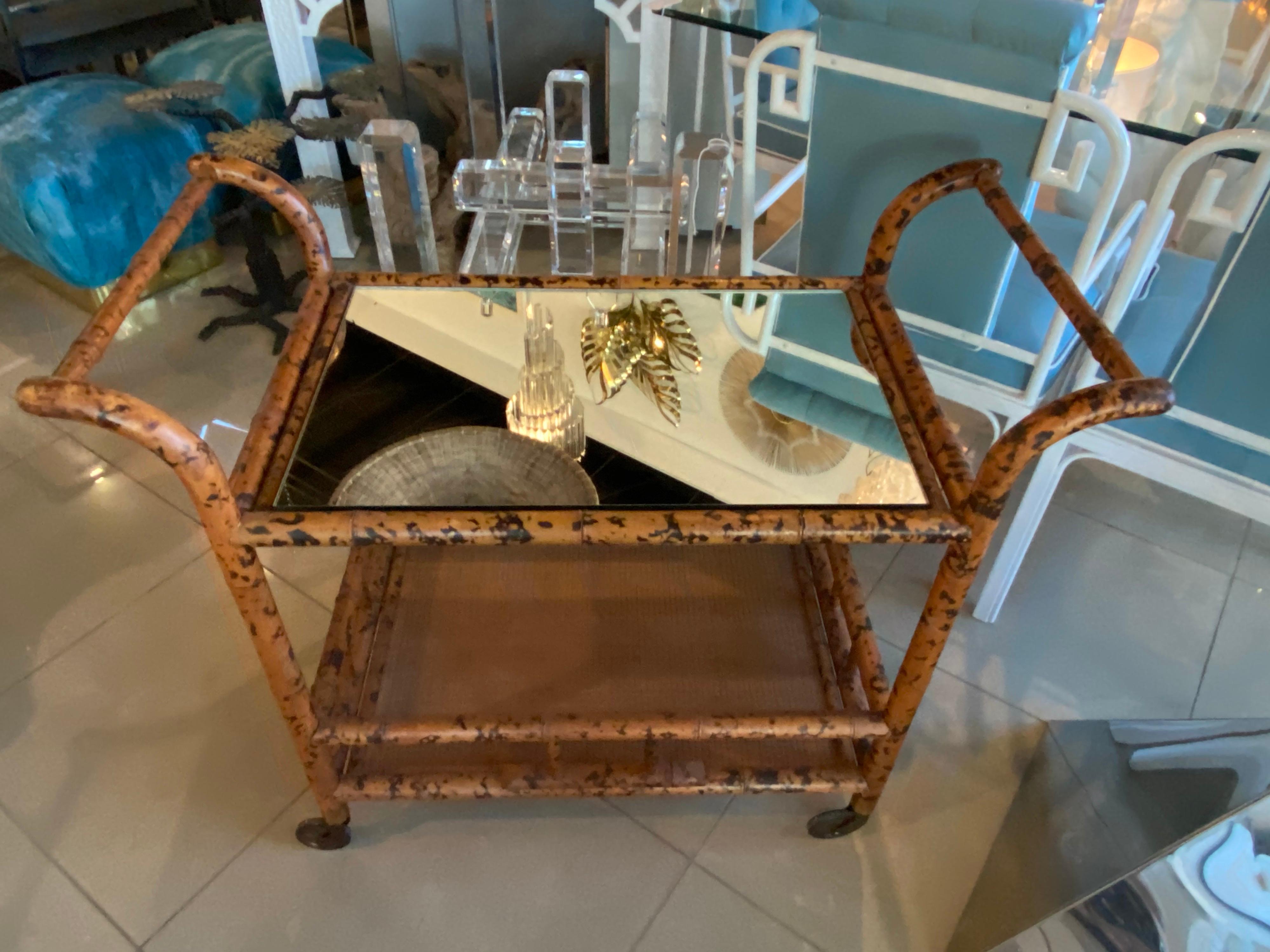 Hollywood Regency Vintage Burnt Bamboo Bar Cart Double Shelf Mirror