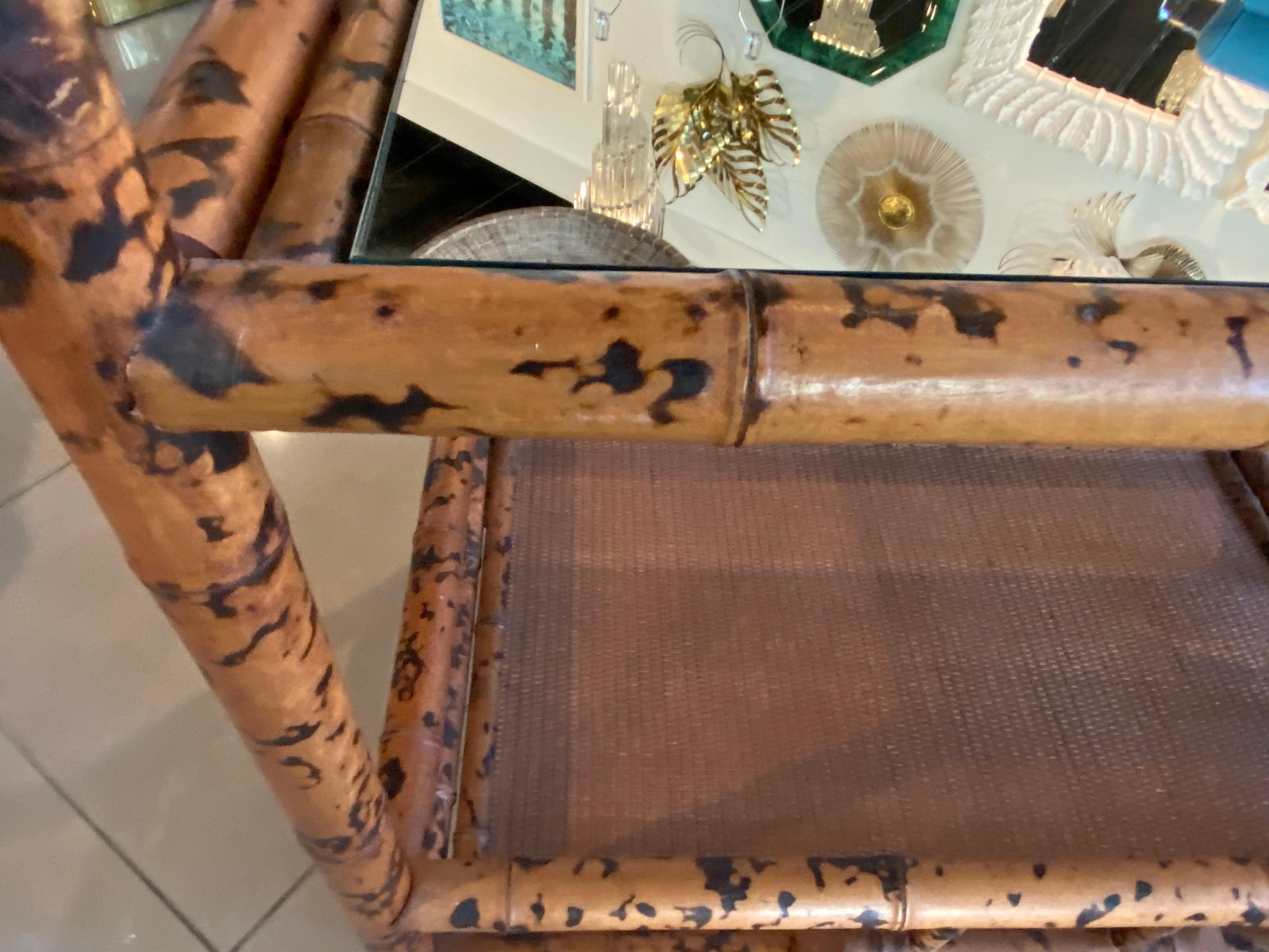Vintage Burnt Bamboo Bar Cart Double Shelf Mirror In Good Condition In West Palm Beach, FL