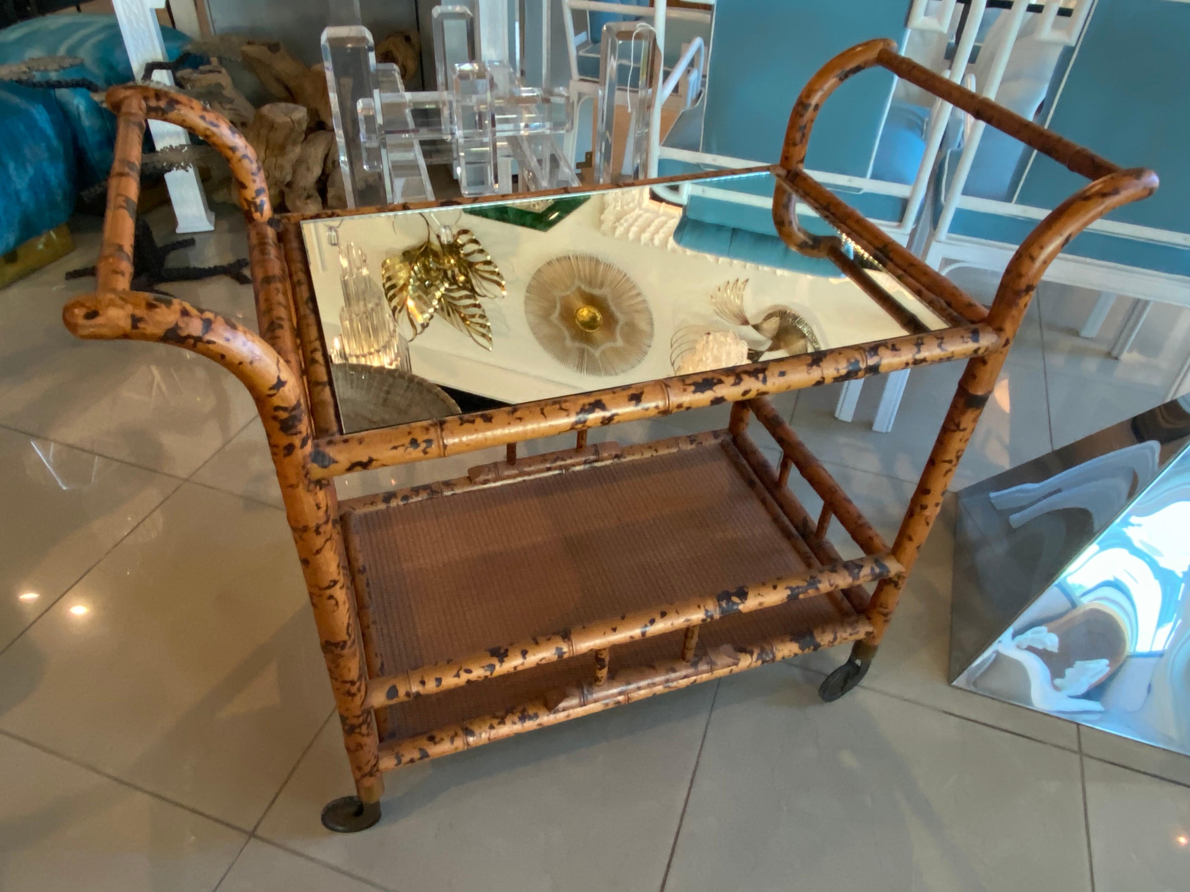 American Vintage Burnt Bamboo Bar Cart Double Shelf Mirror