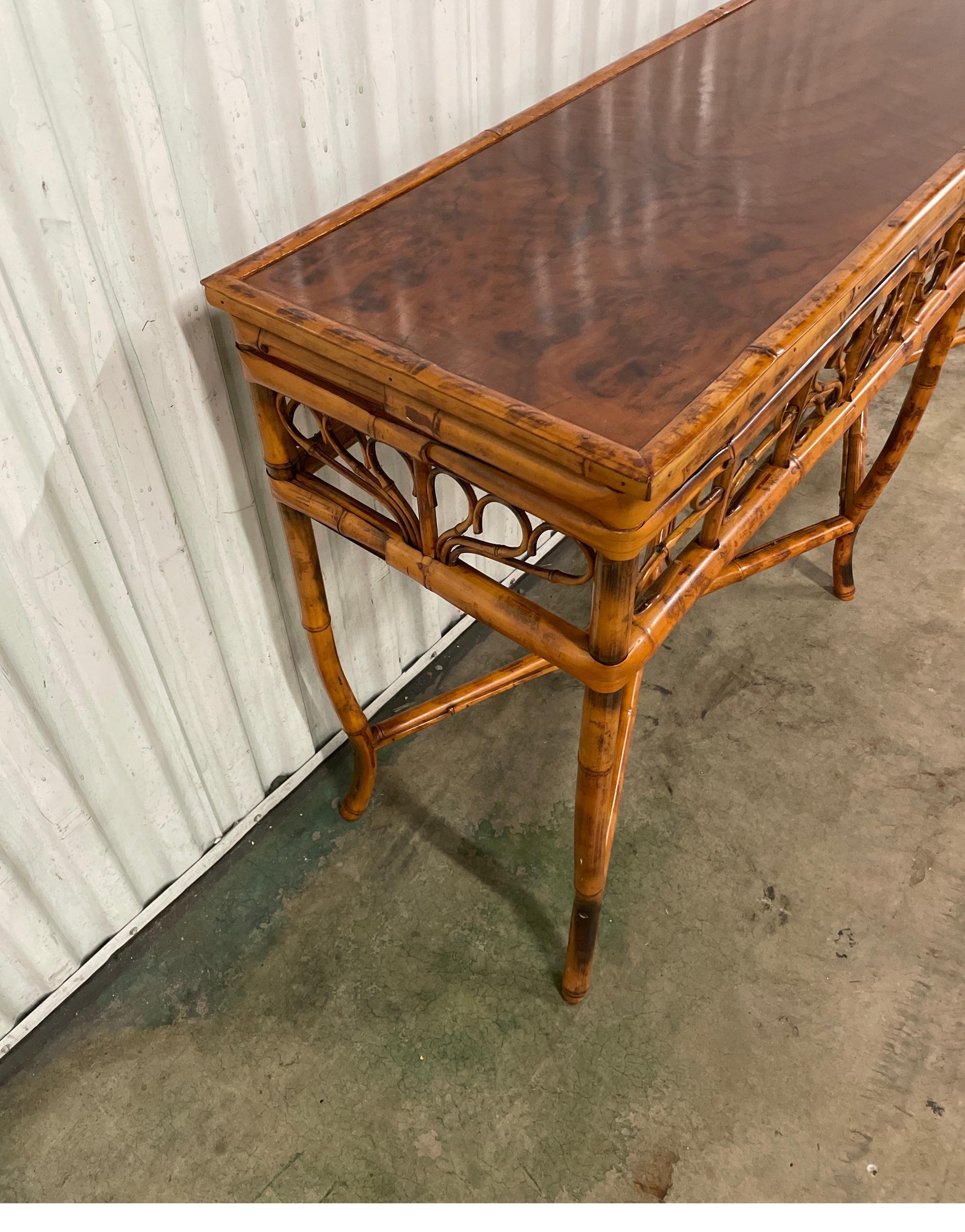 Vintage Burnt Bamboo Brighton Style Console Table In Good Condition For Sale In West Palm Beach, FL