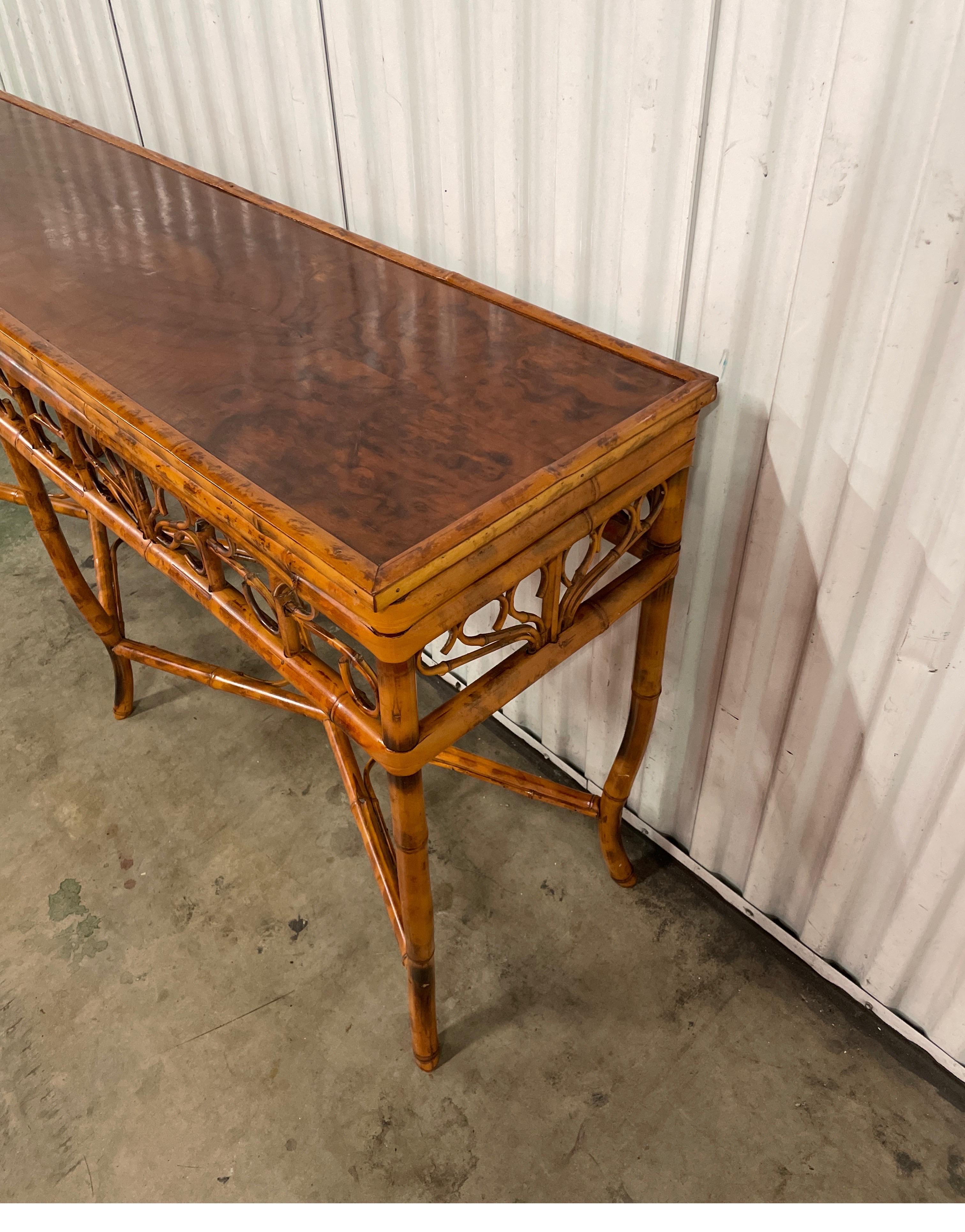 20th Century Vintage Burnt Bamboo Brighton Style Console Table For Sale
