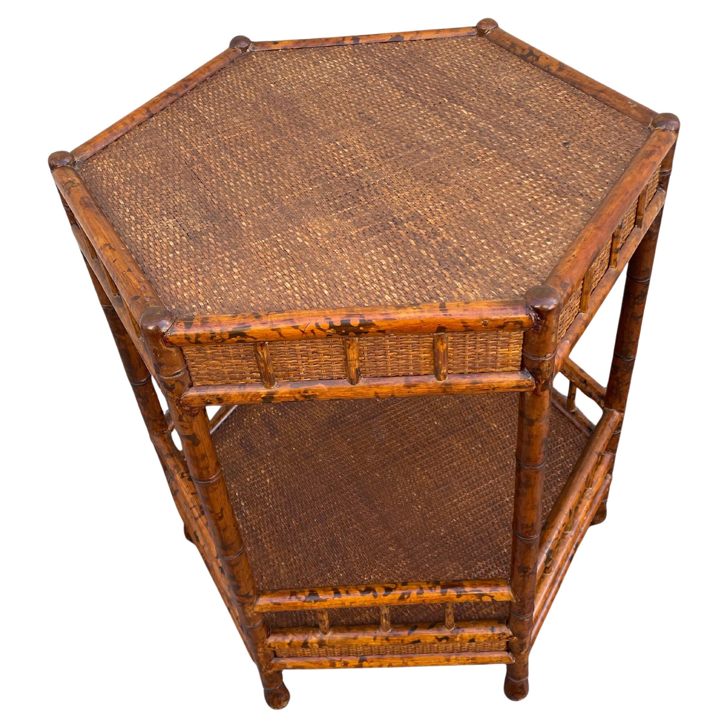Vintage Burnt Bamboo British Colonial Style Two Tier Side Table