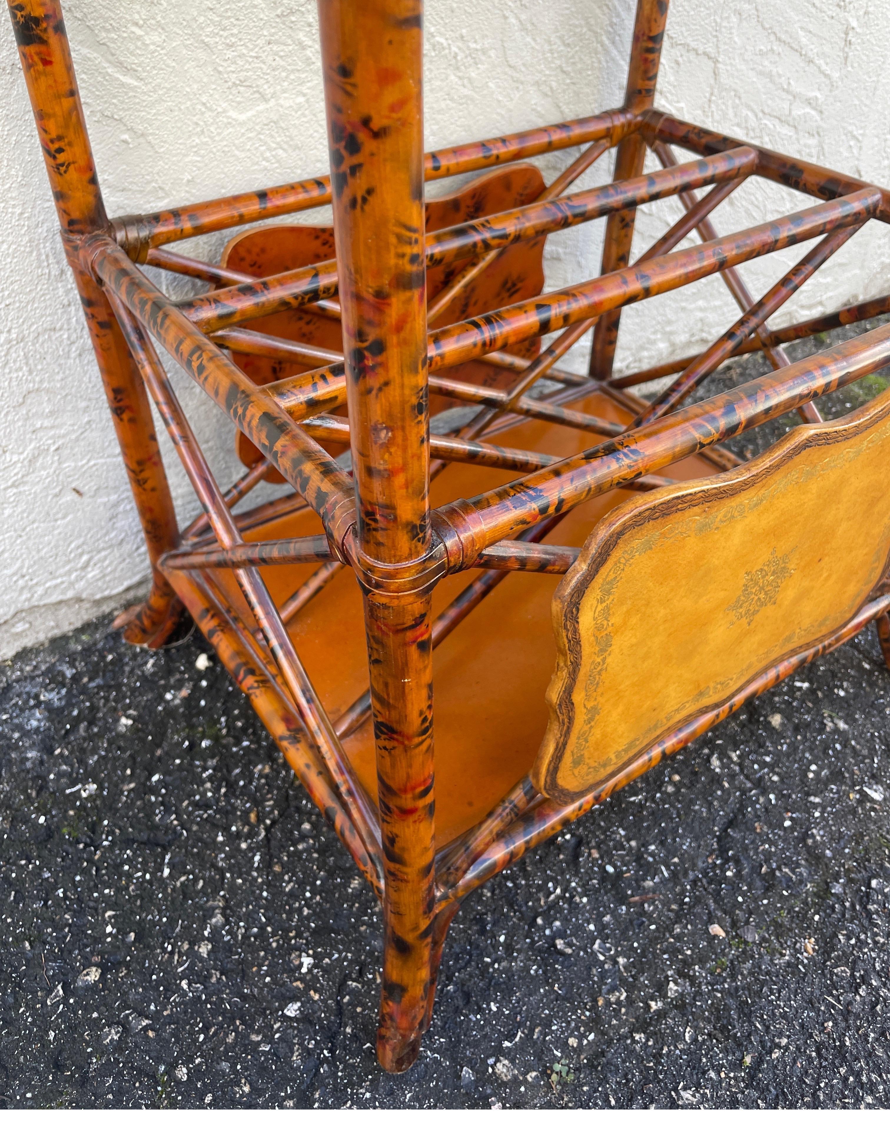 Vintage Burnt Bamboo & Embossed Leather Two Tier Side Table by Maitland Smith For Sale 6