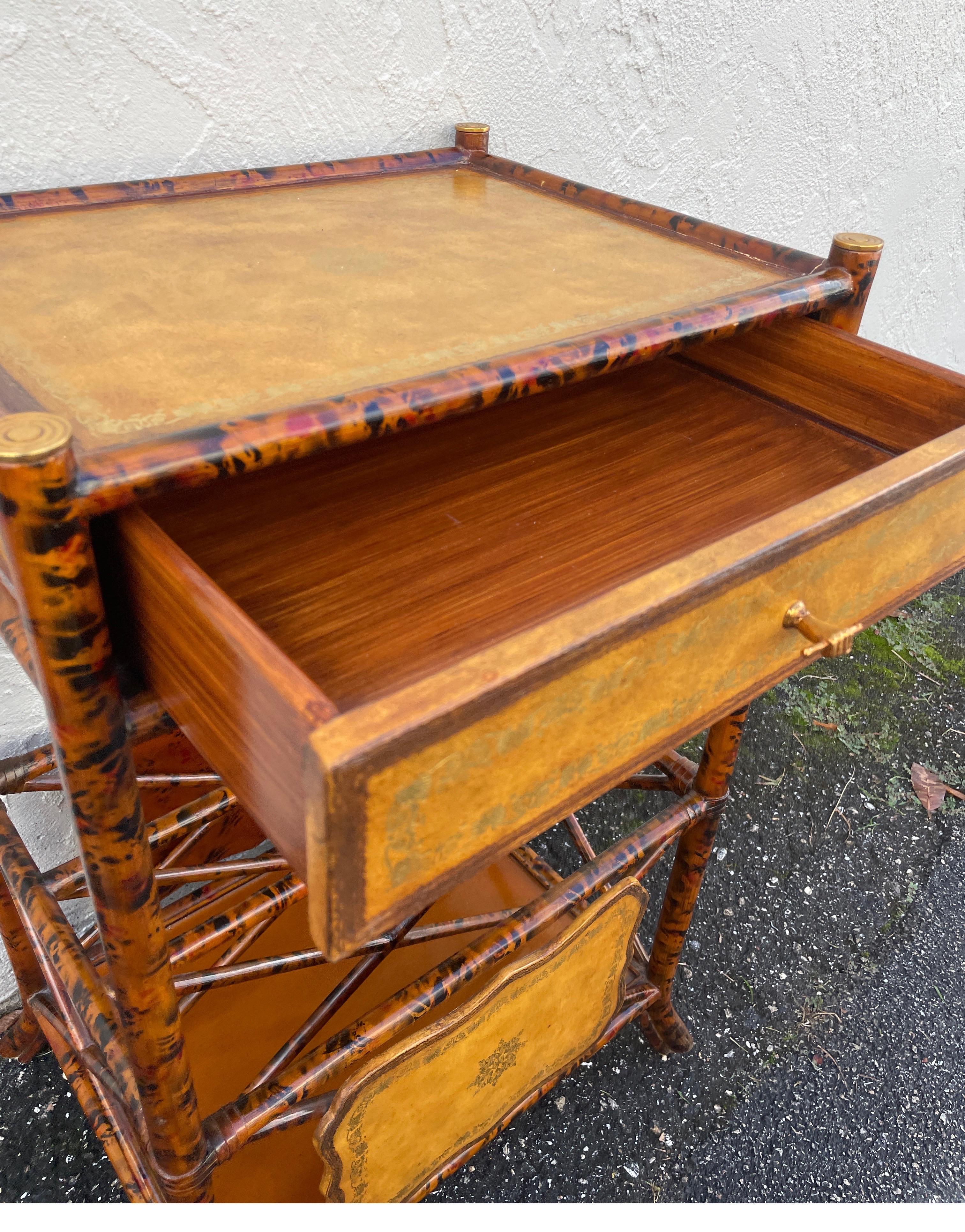 Vintage Burnt Bamboo & Embossed Leather Two Tier Side Table by Maitland Smith For Sale 8