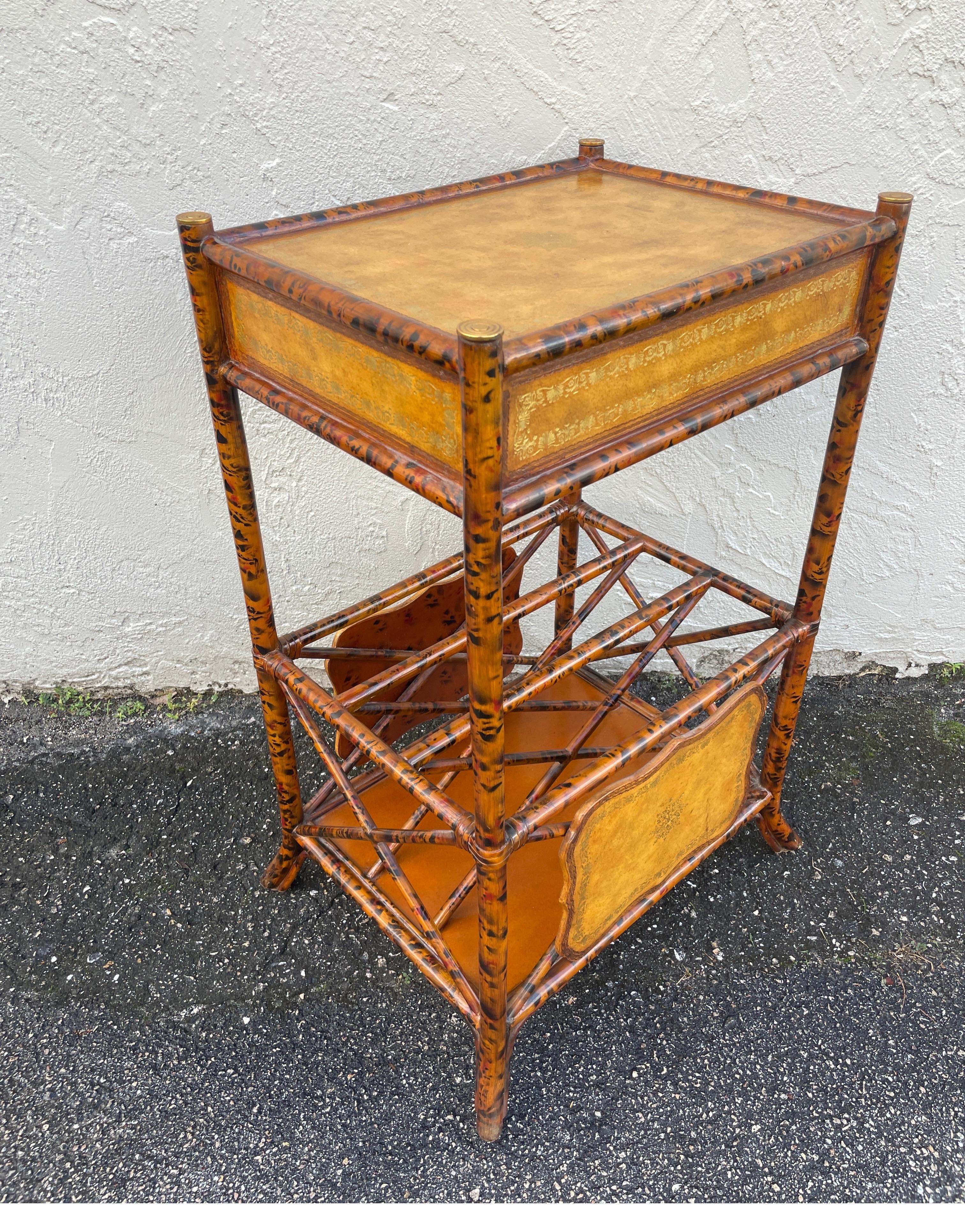 Vintage Burnt Bamboo & Embossed Leather Two Tier Side Table by Maitland Smith For Sale 10