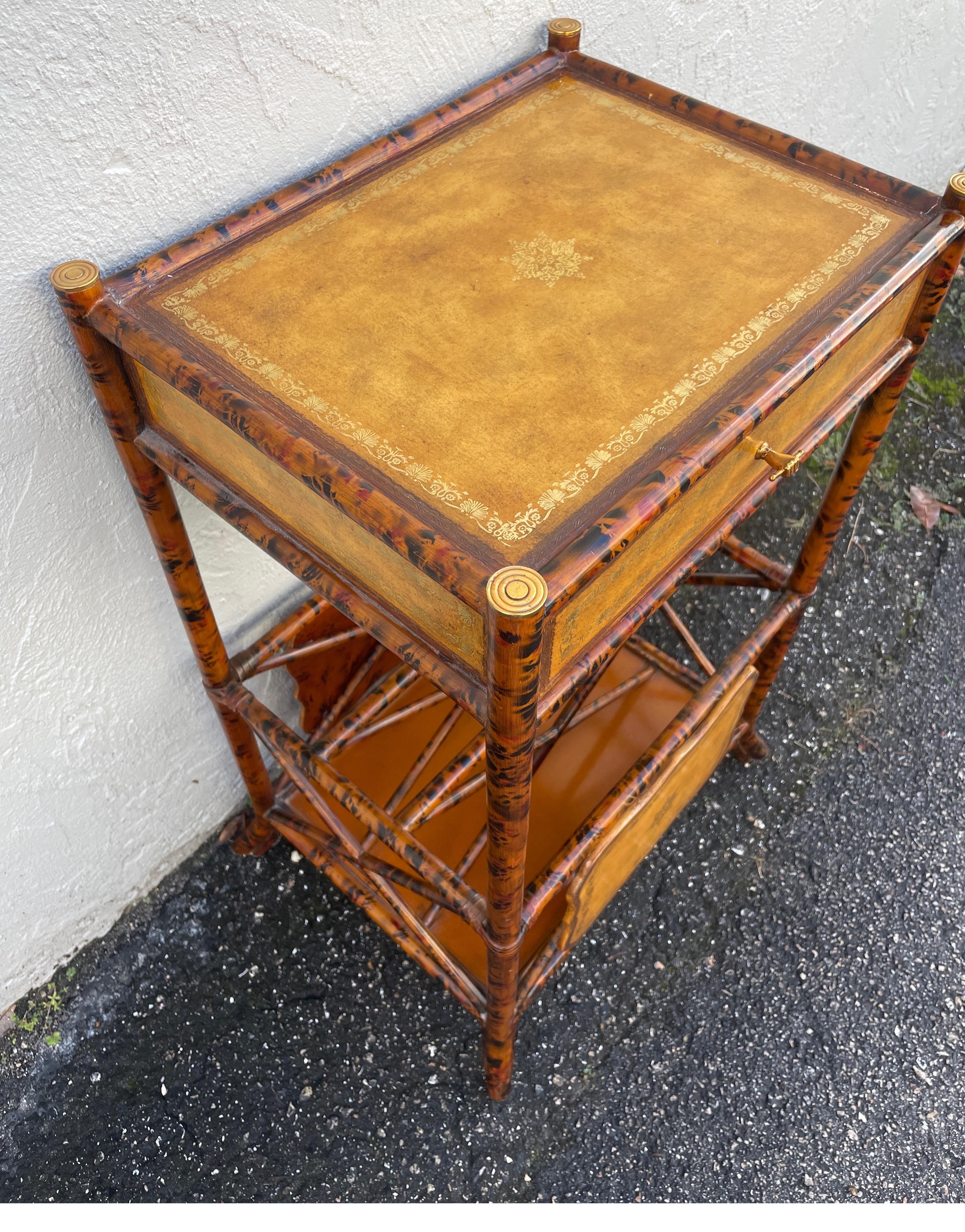 20th Century Vintage Burnt Bamboo & Embossed Leather Two Tier Side Table by Maitland Smith For Sale