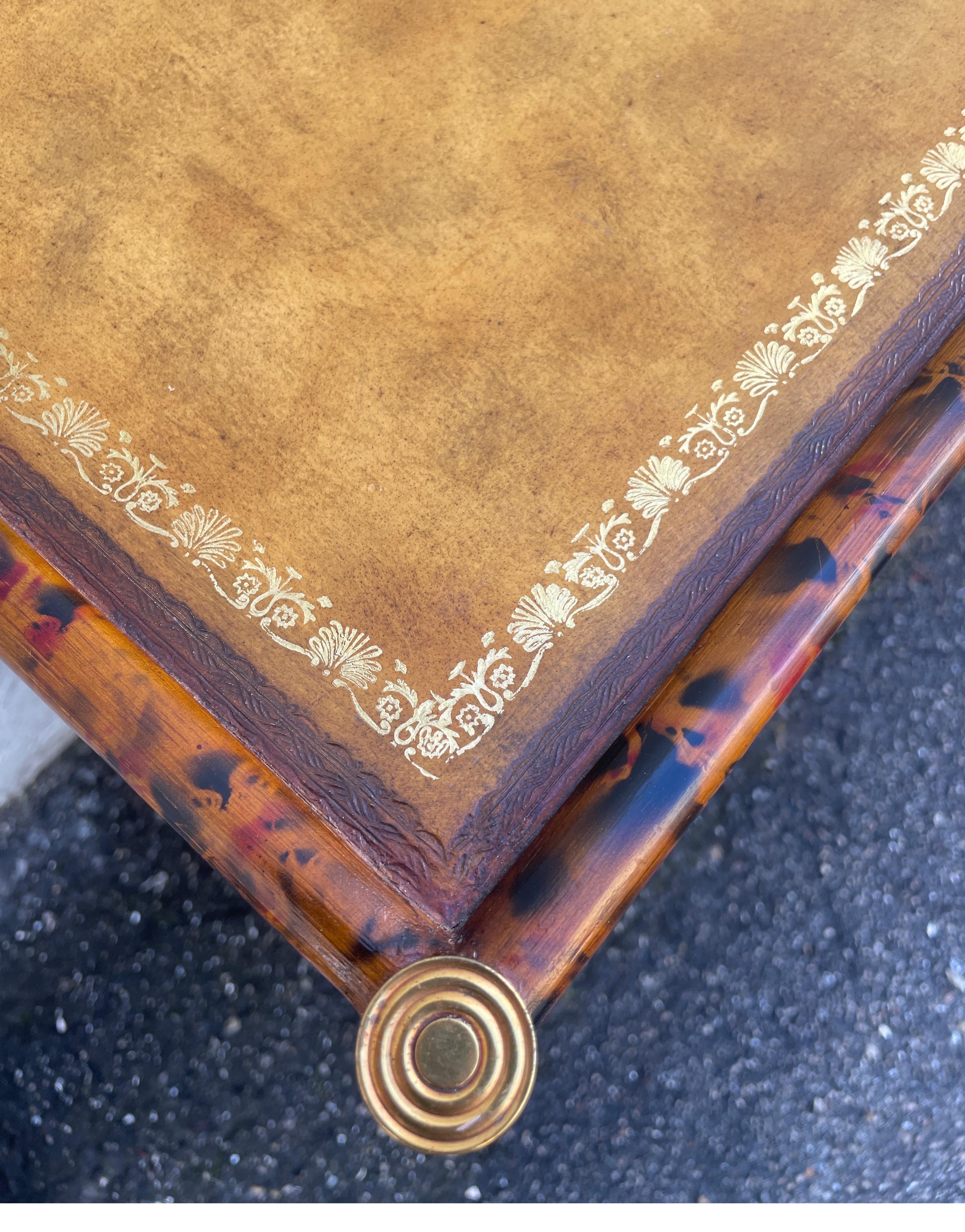 Vintage Burnt Bamboo & Embossed Leather Two Tier Side Table by Maitland Smith For Sale 3