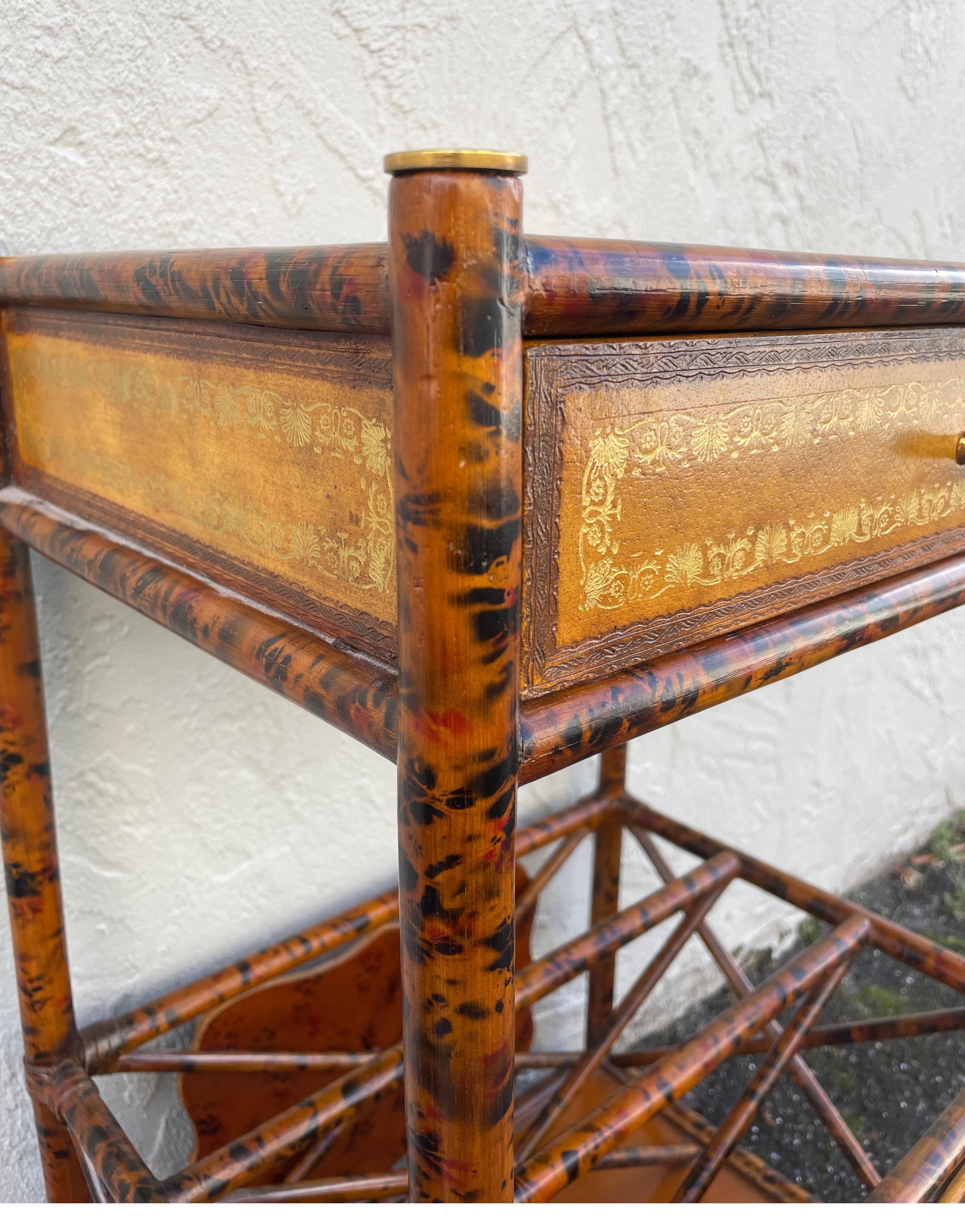 Vintage Burnt Bamboo & Embossed Leather Two Tier Side Table by Maitland Smith For Sale 5