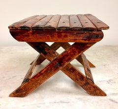 Vintage Burnt Bamboo Folding Stool - Unique Antique Design