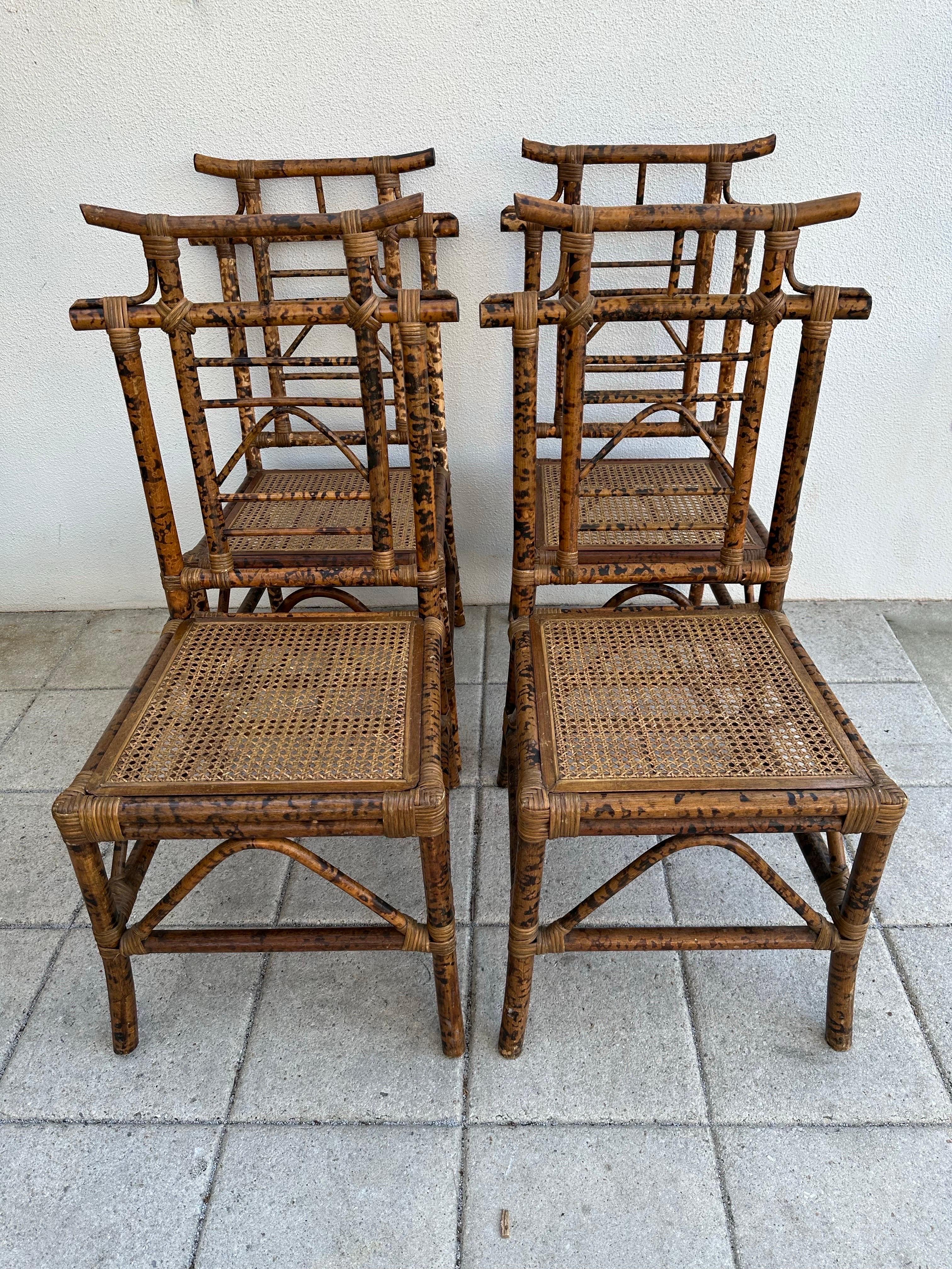 Unknown Vintage Burnt Bamboo Pagoda Dining Chairs set of 4 For Sale